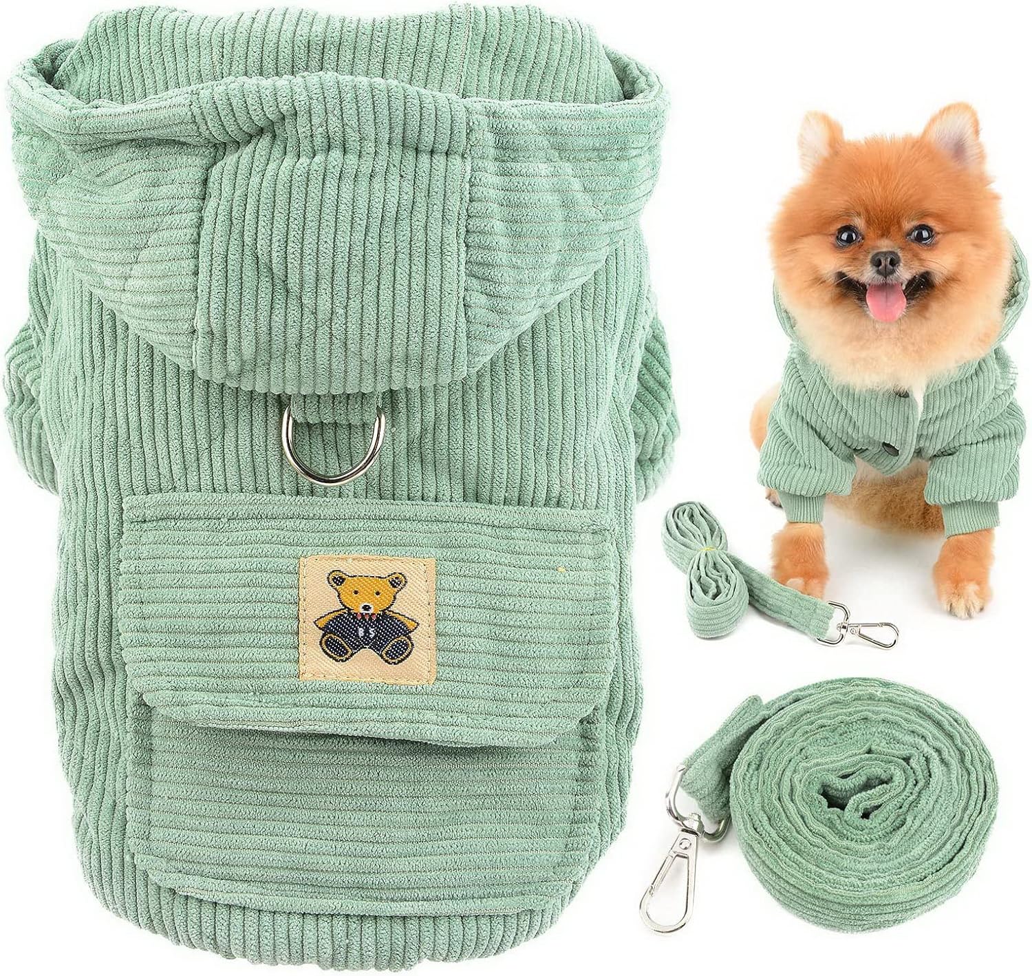SMALLLEE_LUCKY_STORE Pet Corduroy Hoodie Winter Coat Fleece Lined Jacket for Small Dogs Cats with D-Ring and Matching Leash Puppy Chihuahua Yorkie Warm Cold Weather Clothes,Green,XXL