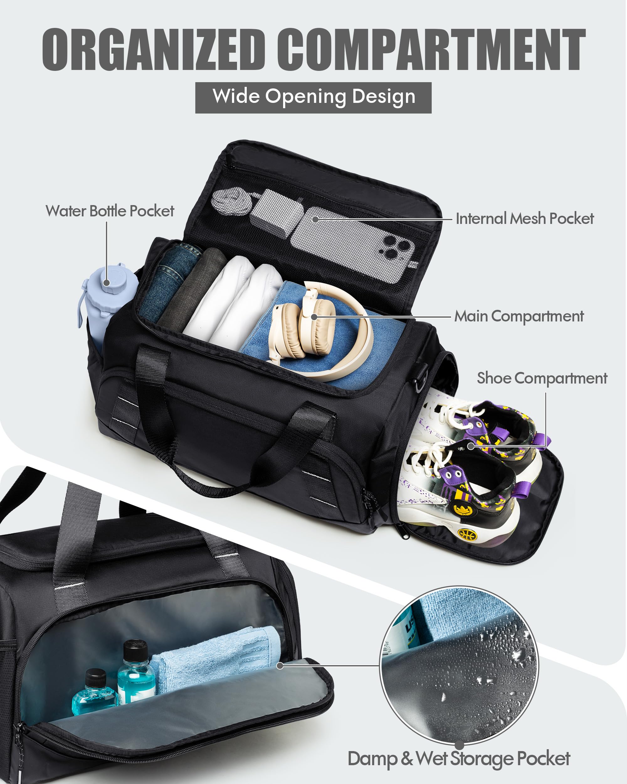 Borsa da Palestra Piccola per Uomo, Borsa da Viaggio con Scomparto per Scarpe, Borsa da Weekend da 16 Litri per Sport, Allenamento e Viaggi