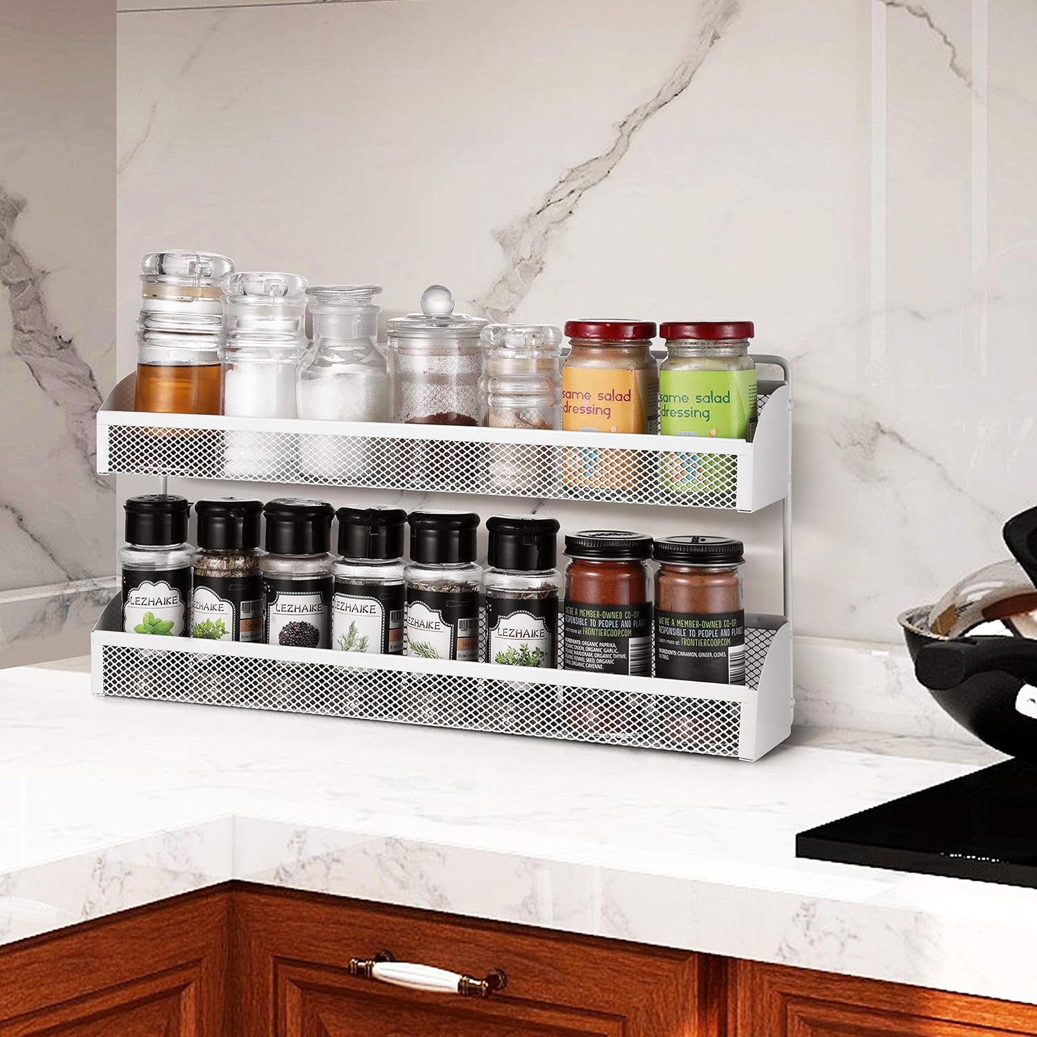 Simple Trending 2 Pack 2 Tier Spice Rack Organizer, Wall Mounted Spice Shelf Storage Holder for Kitchen Cabinet Pantry Door, White
