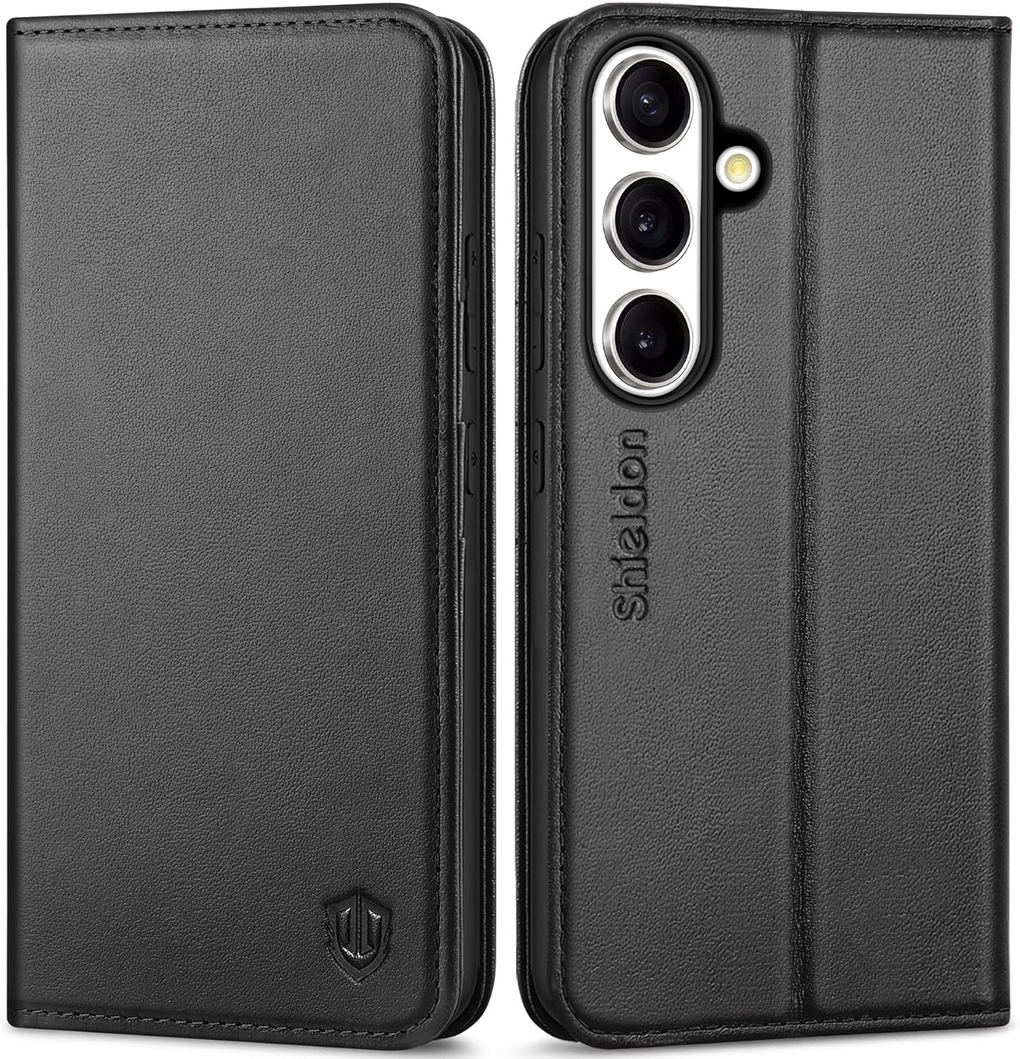 SHIELDON Wallet Case for Galaxy S25 6.2", Genuine Leather Folio Case with Kickstand RFID Blocking Card Holder Magnetic Full Protection Phone Cover Compatible with Galaxy S25 5G 2025 - Black for Galaxy S25 Black