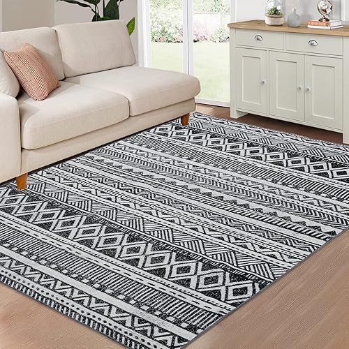 Alfombra bohemia de 5 x 7 pies, lavable a máquina, moderna, de diamante, envejecida, plegable, para mesa de café, decoración de mesa de comedor, disponible en Yaxa Peru