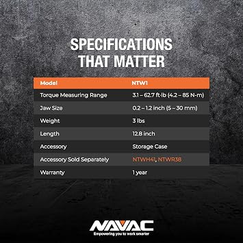 NAVAC NTW1 Digital Torque Wrench - Adjustable Jaw - Digital Readout - Torque Settings Memory - Dual Direction - Selectable Measuring Units - Indicator Lights and Sound -