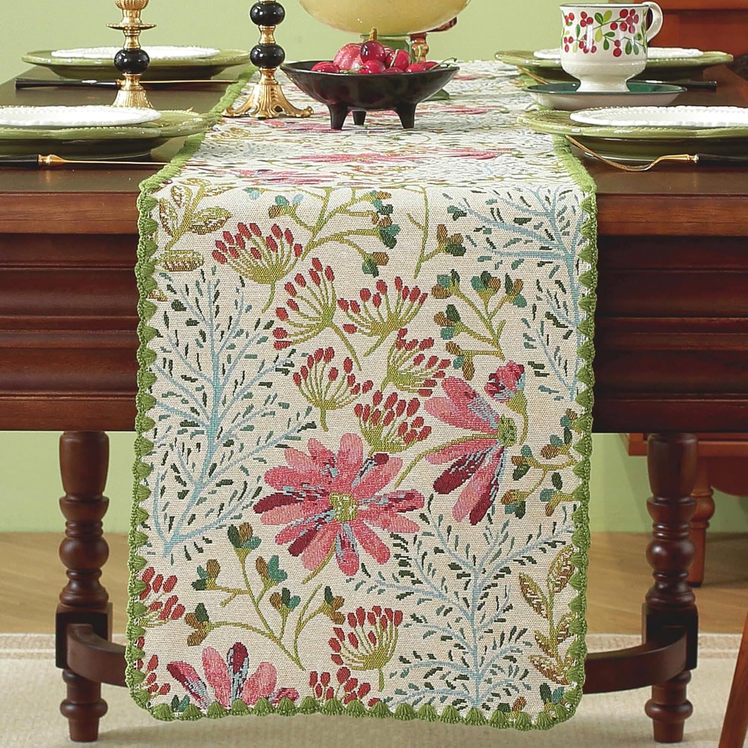 Spring Botanical Elegant Table Runner with Floral Jacquard Pattern Decorative Dining Table Decor with Delicate Green Lace Edging 12 x 82 Inch