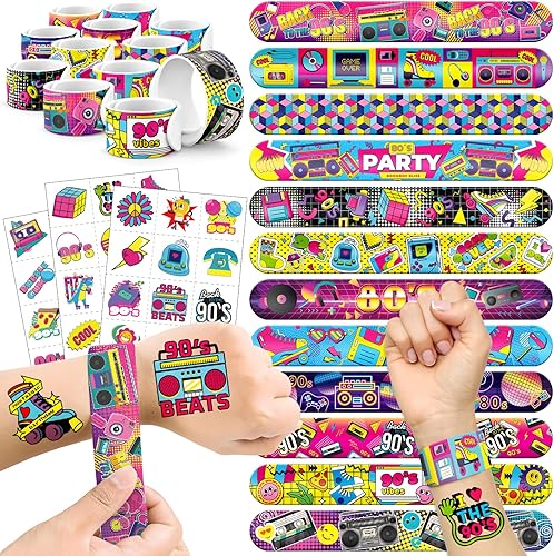 Juego de 60 recuerdos de fiesta de los años 80 y 90, 36 tatuajes temporales y 24 pulseras para niños, perfecto para decoraciones de fiesta de los