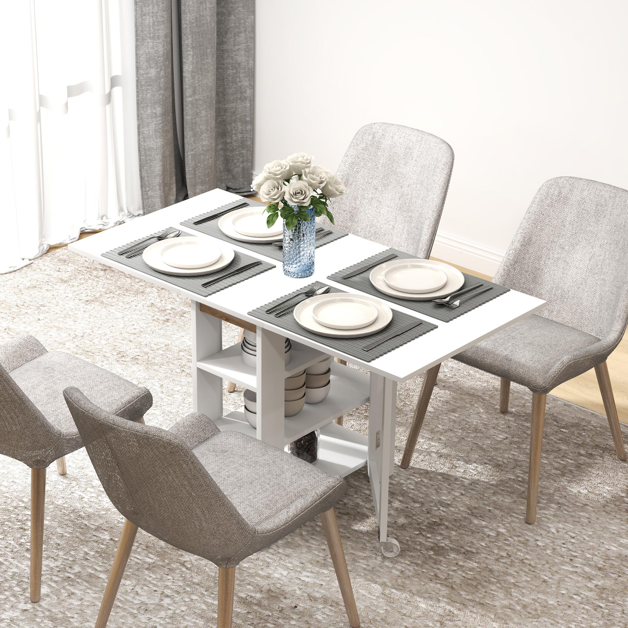 HOMCOM Tavolo da Pranzo Pieghevole Tavolo a Ribalta 120x60x75 cm Bianco | Con Ruote per 4 Persone, Scrivania Richiudibile Salvaspazio, Con 2 Ribalte e Ripiani, Soggiorno, Casa, Ufficio