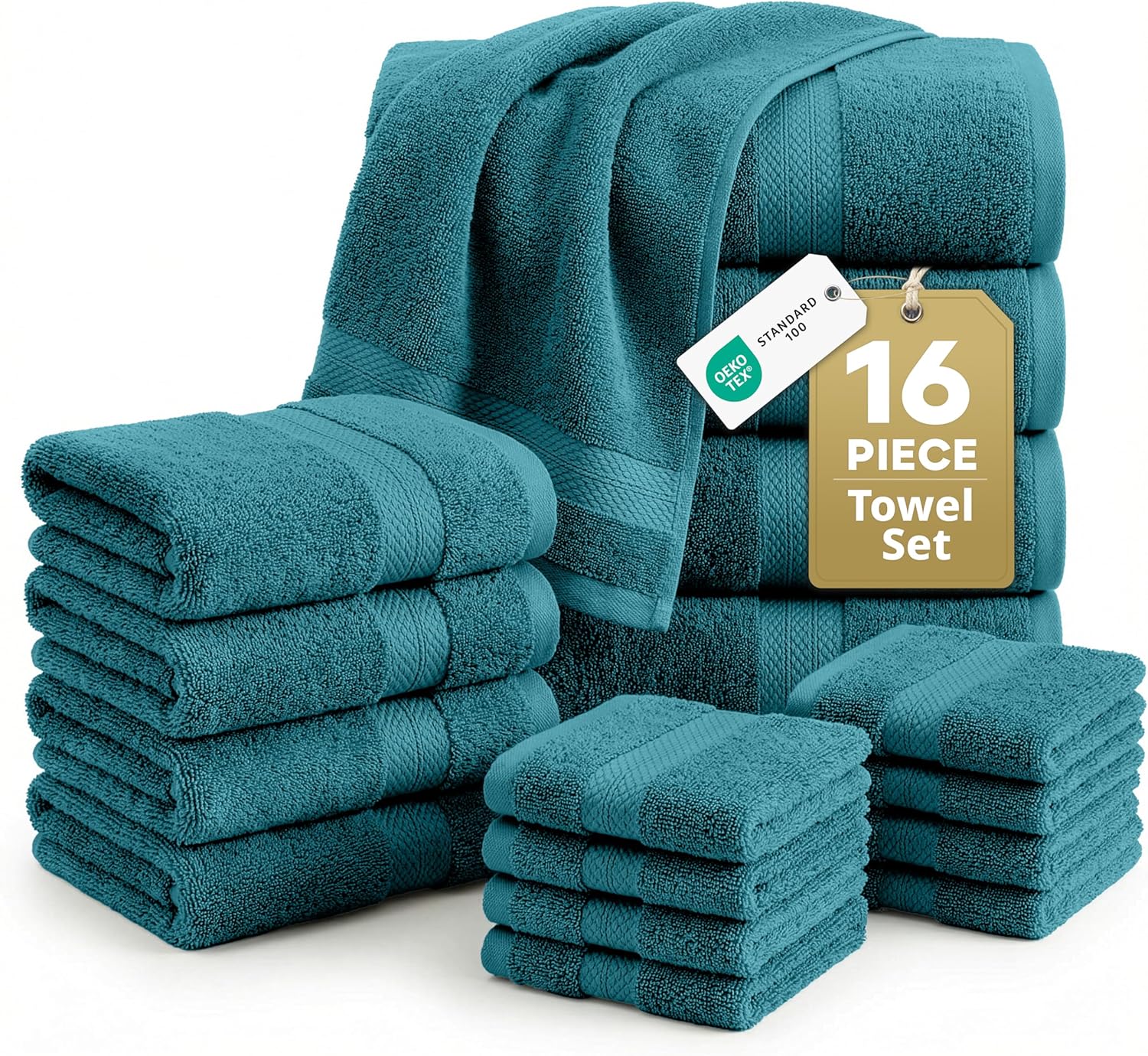 LANE LINEN Luxury Cotton Bath Towel Set of 16 - Soft, Absorbent & Quick Dry - 4 Bath, 8 Washcloths, 4 Hand Towels for Bathroom - OEKO TEX Certified - Smart & Durable Choice for Every Home - Sea Port