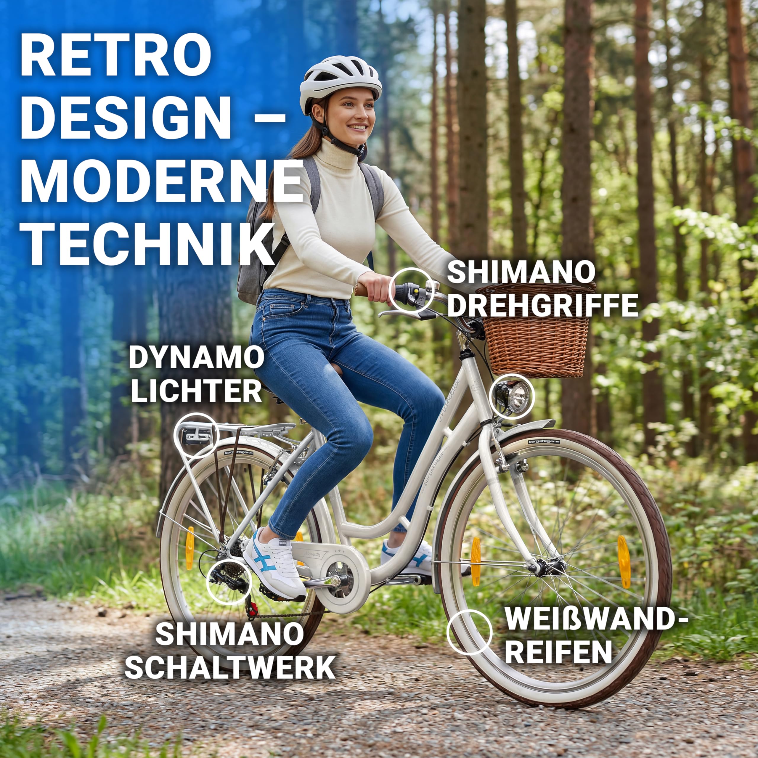 Bergsteiger Marseille 26/28 Zoll Damen Citybike im Retro-Design | Modisches Damenrad ab 150 cm Groesse mit 6 Gängen, Rattan-Korb und StVZO Licht. Zu 90% komplett vormontiert geliefert.