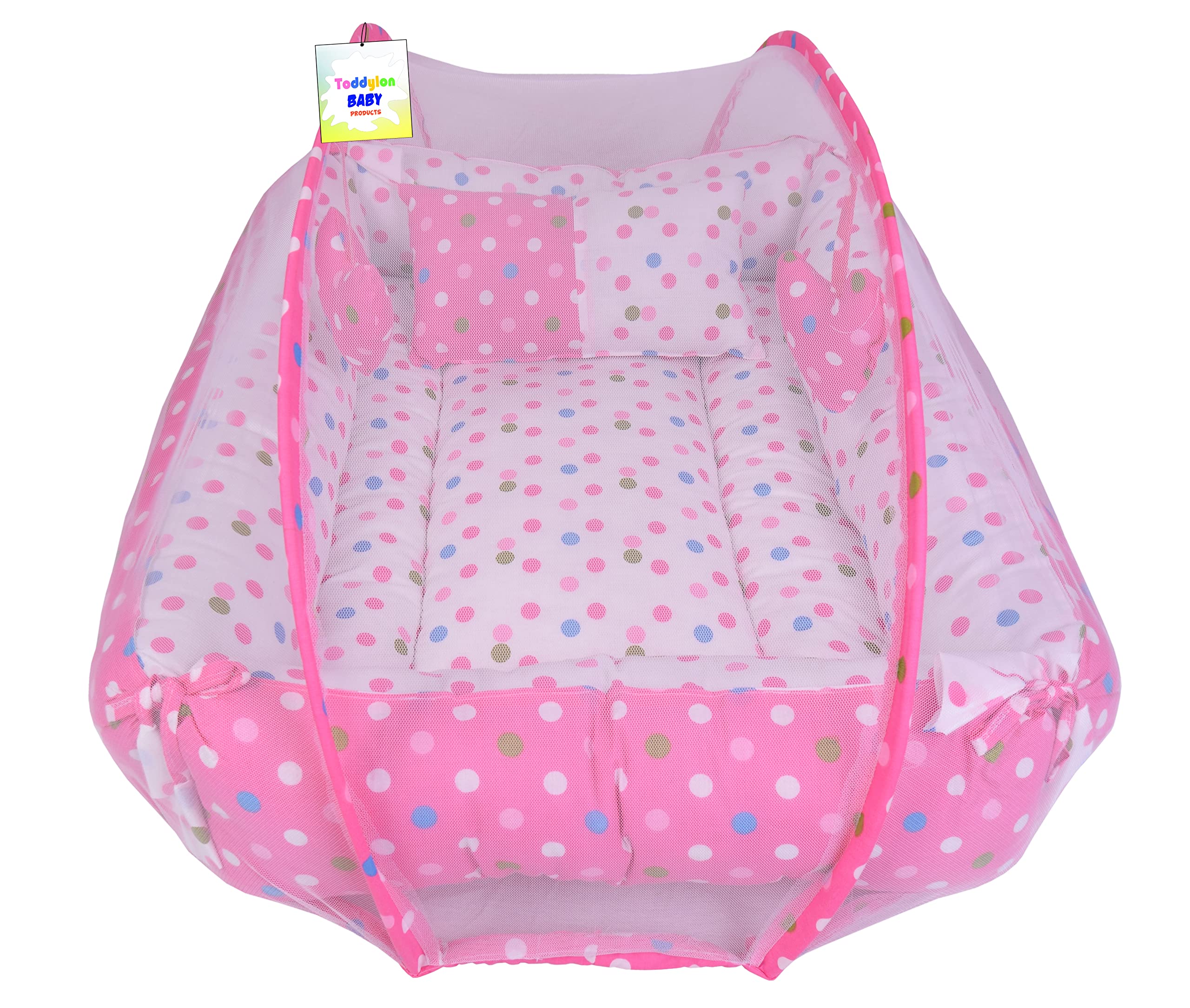 Toddylon Baby Bed Bedding Set for New Born Baby | Bed Mattress | Mosquito Net | Neck Pillow | Sleeping Nest | Cotton | Travel Bed | Essentials | Toddlers | Infants | Baby Boy Girl (0-12 Months) Pink
