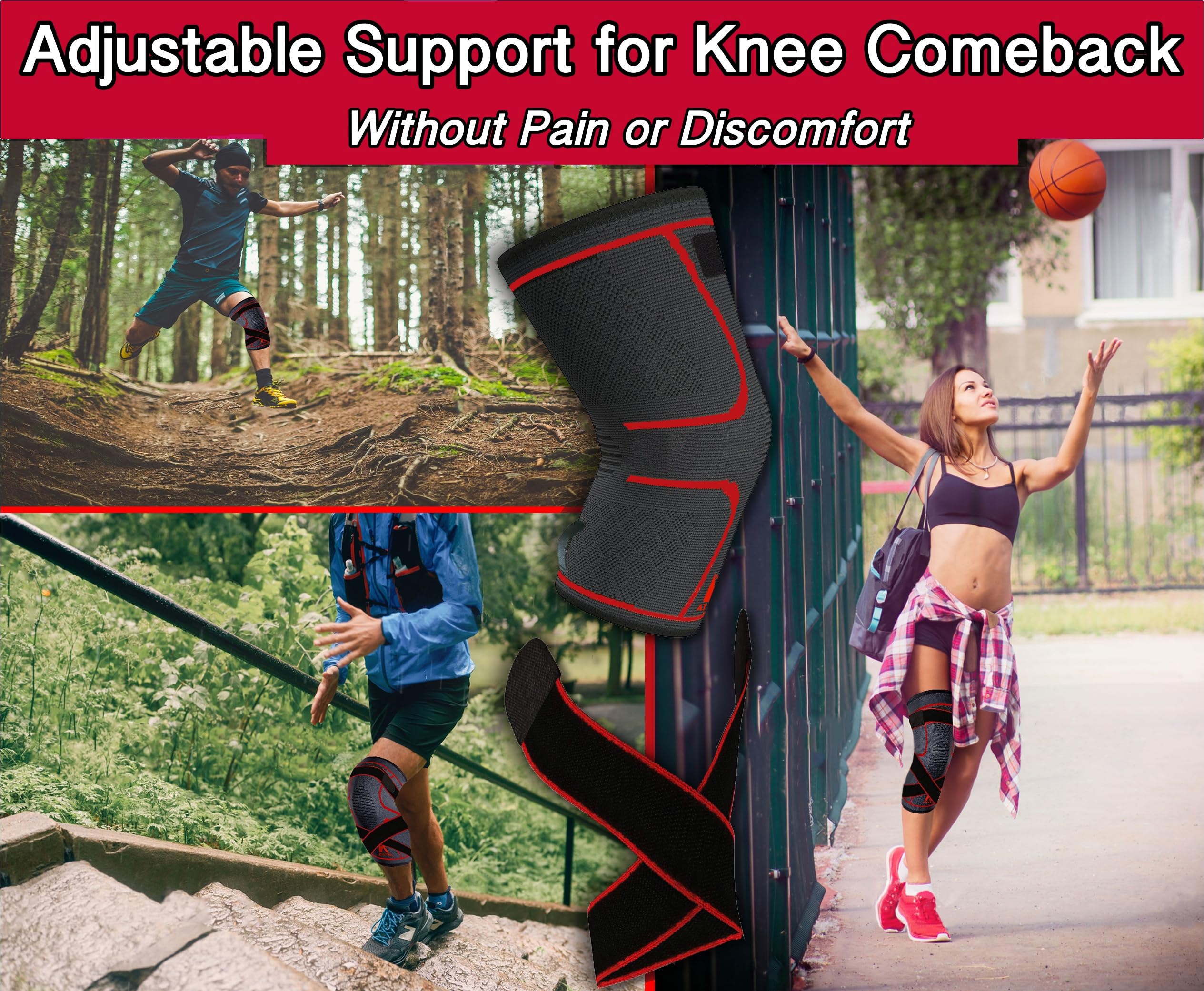 Genouillère de compression avec sangle pour un meilleur soutien et soulagement de la douleur pour les déchirures du ménisque, l'arthrite, la course à pied, le basket-ball, MCL, le crossfit, le jogging