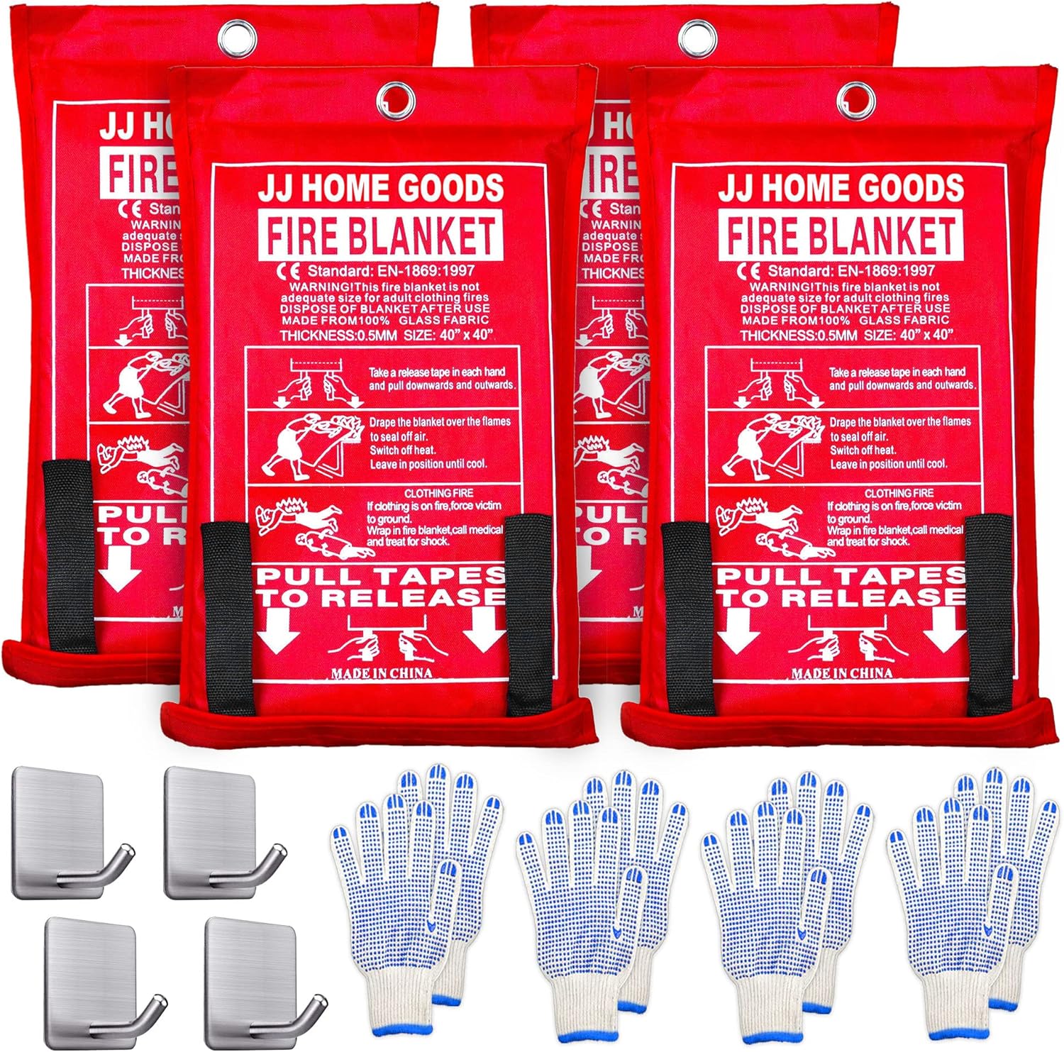 JJ CARE Fire Blanket 40" x 40" [4 Packs with Hooks