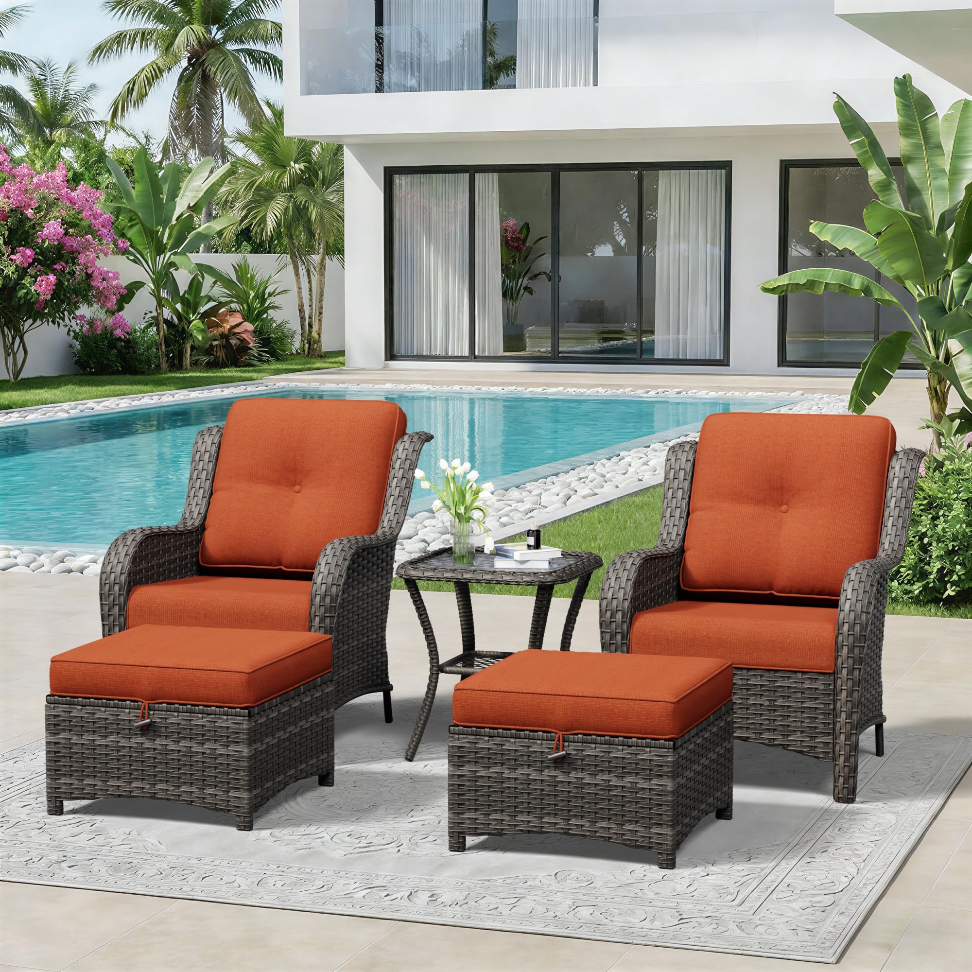 5 Piece Outdoor Wicker Patio Furniture Set, Patio Chairs Set with Thickened Olefin Cushions, High Back and Deep Seating, Hand-Woven PE Rattan, Ottoman for Porch, Deck