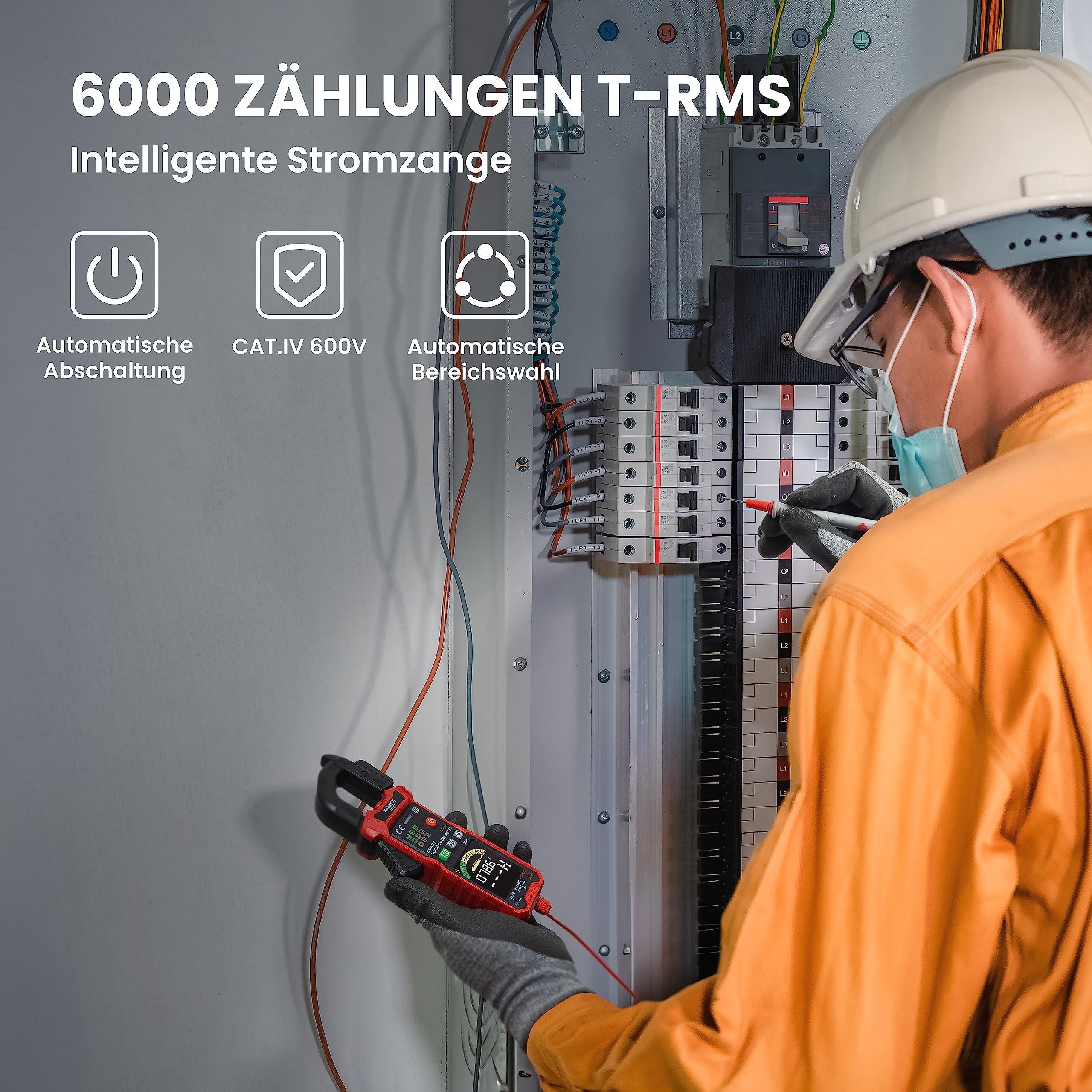 KAIWEETS KC602 Intelligente Stromzange, Strommessgerät AC/DC-Strom:0-600A, Zangenmultimeter mit Automatischer Kalibrierung, True-RMS 6000 Zählungen Auto-Ranging, misst Spannung Kapazität Durchgang.