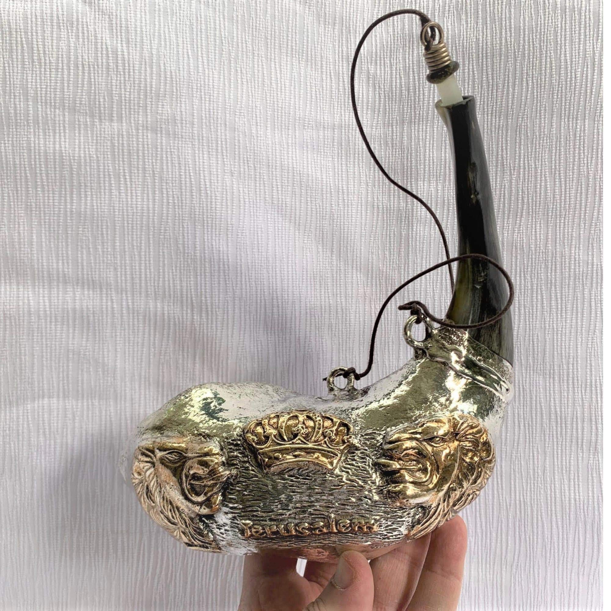 Wyprzedaż srebrny ram shofar 30 cm - 33 cm Mesjański lew Judy