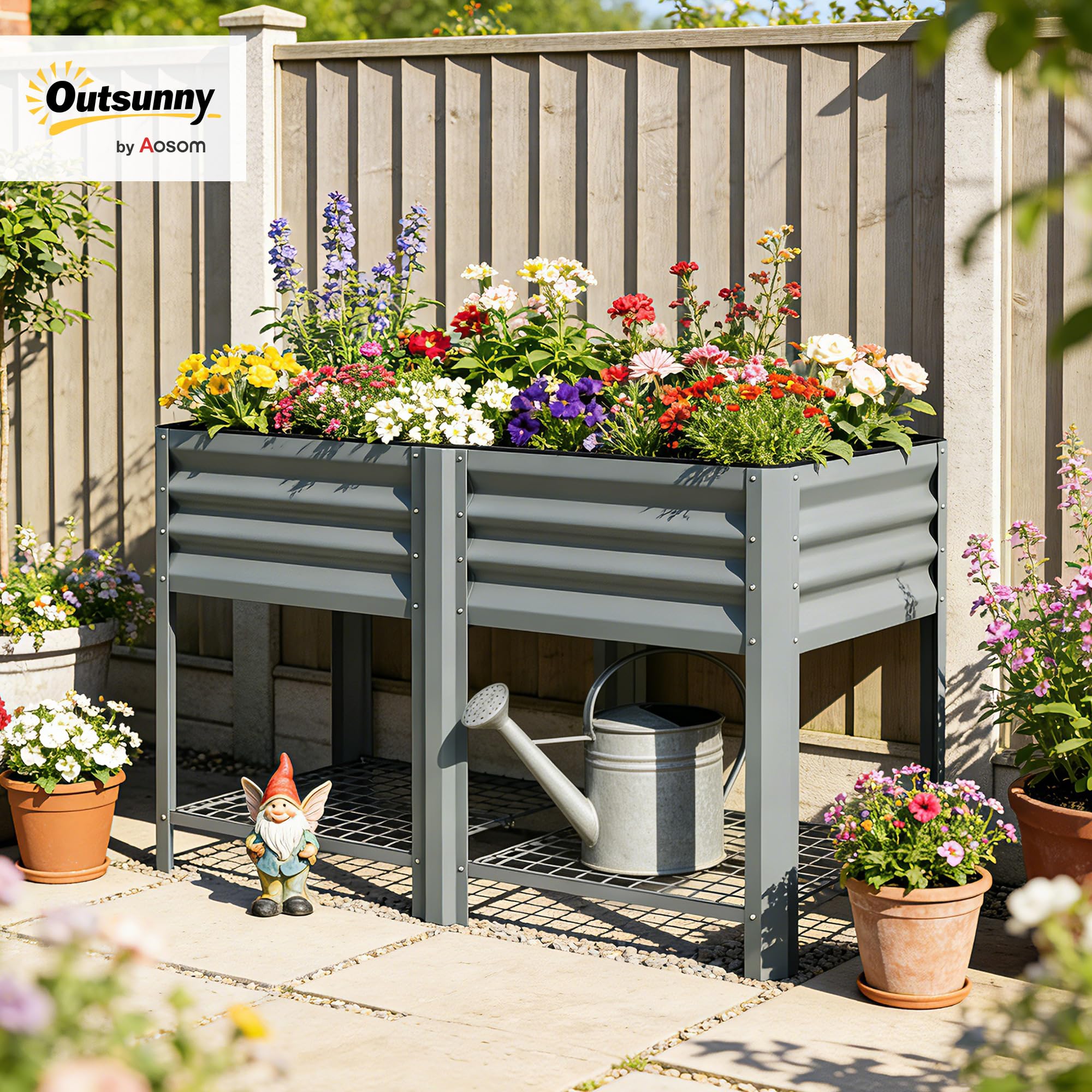Outsunny Huerto Urbano Elevado con Estante Inferior, Mesa de Cultivo de Metal Galvanizado con Forro y Guantes, para Cultivo, Plantas y Flores, 120x55x80 cm, Gris Plateado