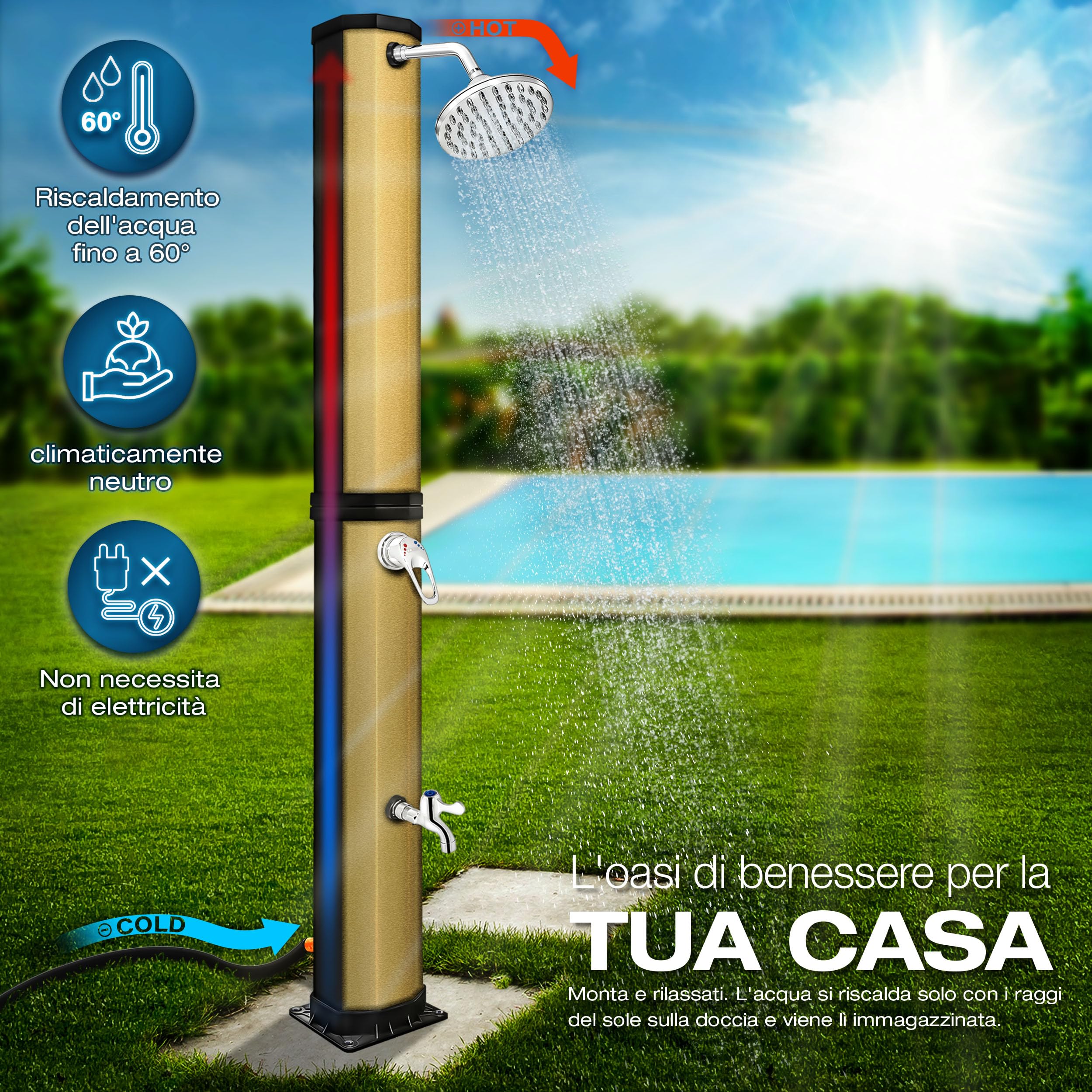 tillvex Doccia Solare con Coperchio di Protezione, Doccia da Giardino a energia Solare, per Piscina, Senza Collegamento di Alimentazione, con Rubinetto (Nero/Oro, 35 Litri)