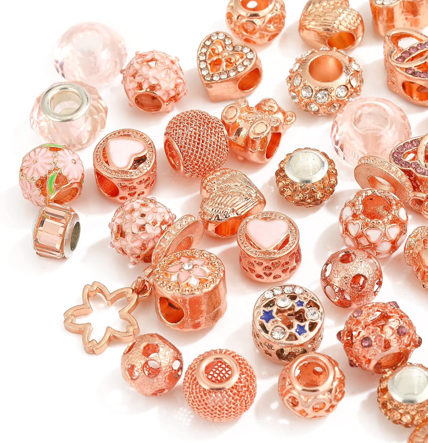Pansona 10 Colors Assorted Silver Tone Charms Rhinestones Bead Charms Murano Glass Beads and Spacers Pack of 50 (Rose Gold)