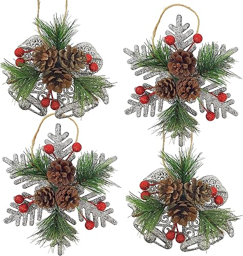 Adornos de Navidad plateados con purpurina, aproximadamente 5 pulgadas de ancho, bayas de piñas y ramas de pino, juego de 4 decoraciones de Navidad,