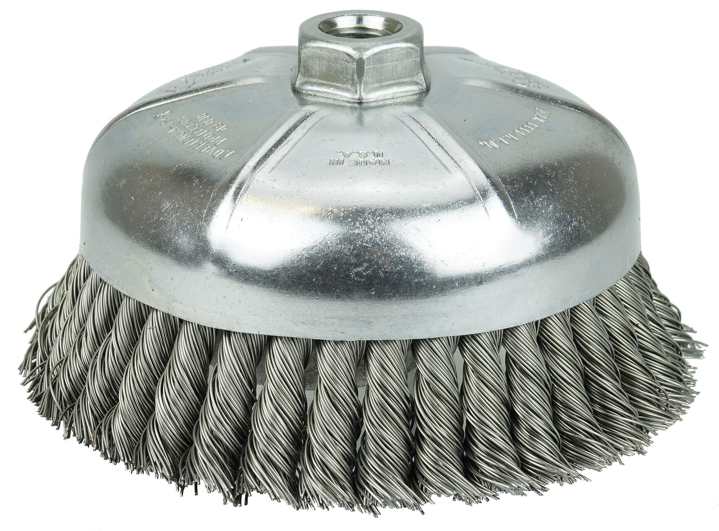 Weiler 12356 Spazzola a filo filettato, acciaio legato a torsione parziale, a fila singola, diametro di 6 ", diametro del filo di 0 ", archetto 5/8 "-11, lunghezza del pelo di 1 3/8 ", 6600 giri/min
