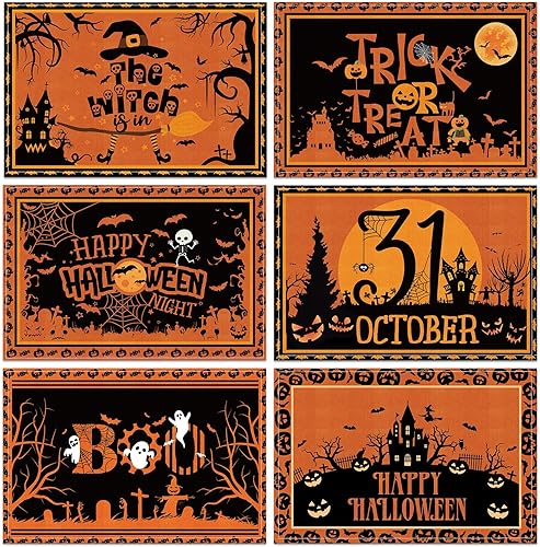 Umigy 6 manteles individuales de Halloween de 12 x 18 pulgadas, manteles individuales góticos de murciélago para decoración de cocina, manteles