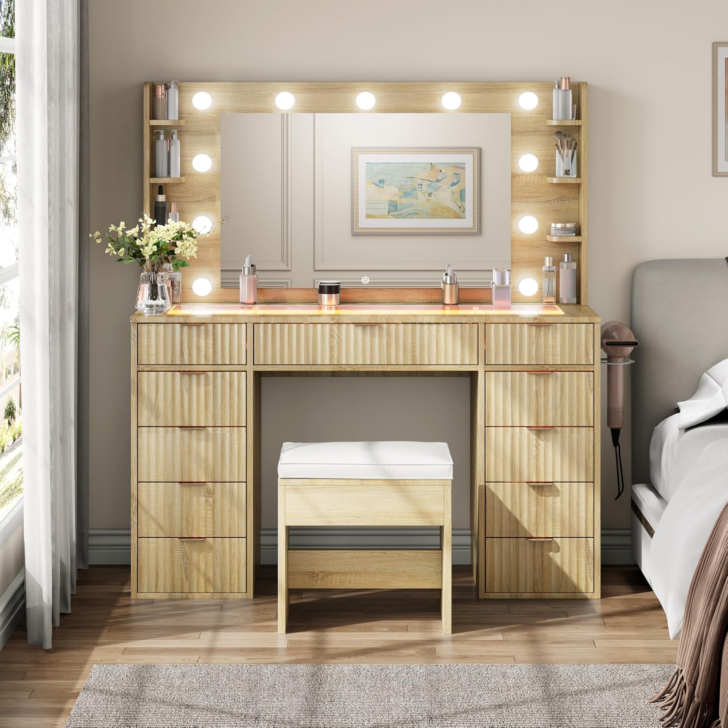 Vanity Desk with Glass Top and 11 LED Bulbs,Makeup table with Large Mirror & Power Outlet,Hair Dryer Holder,Dressing Table with 11 Drawers & Cushioned Stool for Women and Girls,Bedroom (Natural Oak)