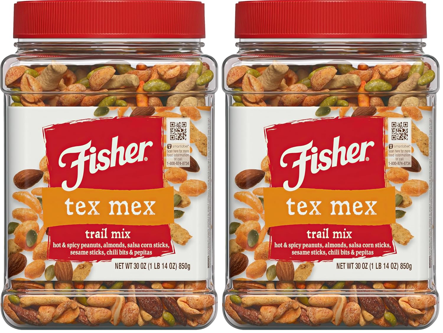 Fisher Snack Tex Mex Trail Mix, 30 Ounces, Hot and Spicy Peanuts, Almonds, Salsa Corn Sticks, Sesame Sticks, Chili Bits, Pepitas (Pack of 2)