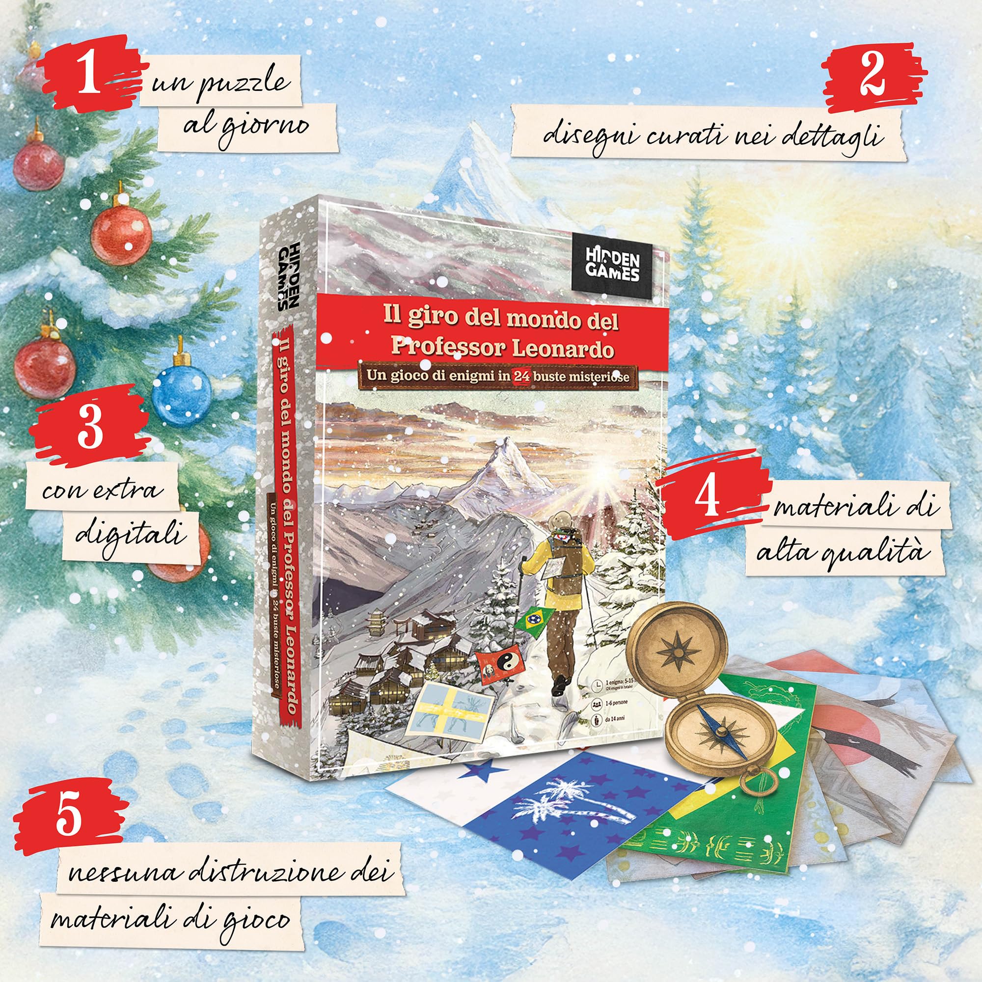 Hidden Games - Calendario dell'Avvento con puzzle - Il Giro del Mondo del Professor Leonardo - Un gioco di enigmi in 24 buste misteriose