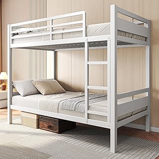 Feonase Metal Bunk Bed Twin Over Twin with Ladder and High Guardrail, Heavy-Duty Metal Slats Support, Noise Free, No Box Spring Needed, for Kids and Juniors, Black