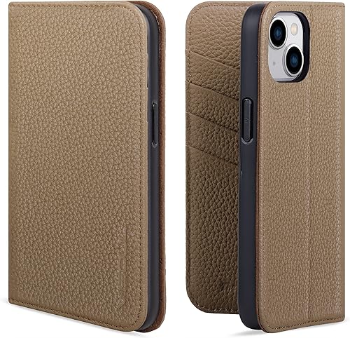 Miniatura 8 de VISOUL Pebbled - Funda de piel para iPhone 14 Plus, funda tipo cartera de piel auténtica con tarjetero para hombres y mujeres, funda magnética con
