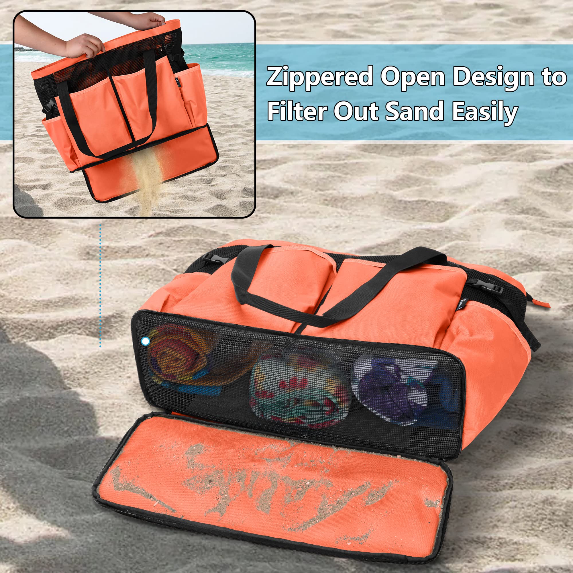 Fasrom Sac de plage extra large en maille avec fermeture éclair en bas, sac fourre-tout de plage surdimensionné pour la plage ou la piscine (brevet en attente), orange | Fond zippé anti-sable, 6 poches extérieures, séparation humide/sec, bretelles rembour