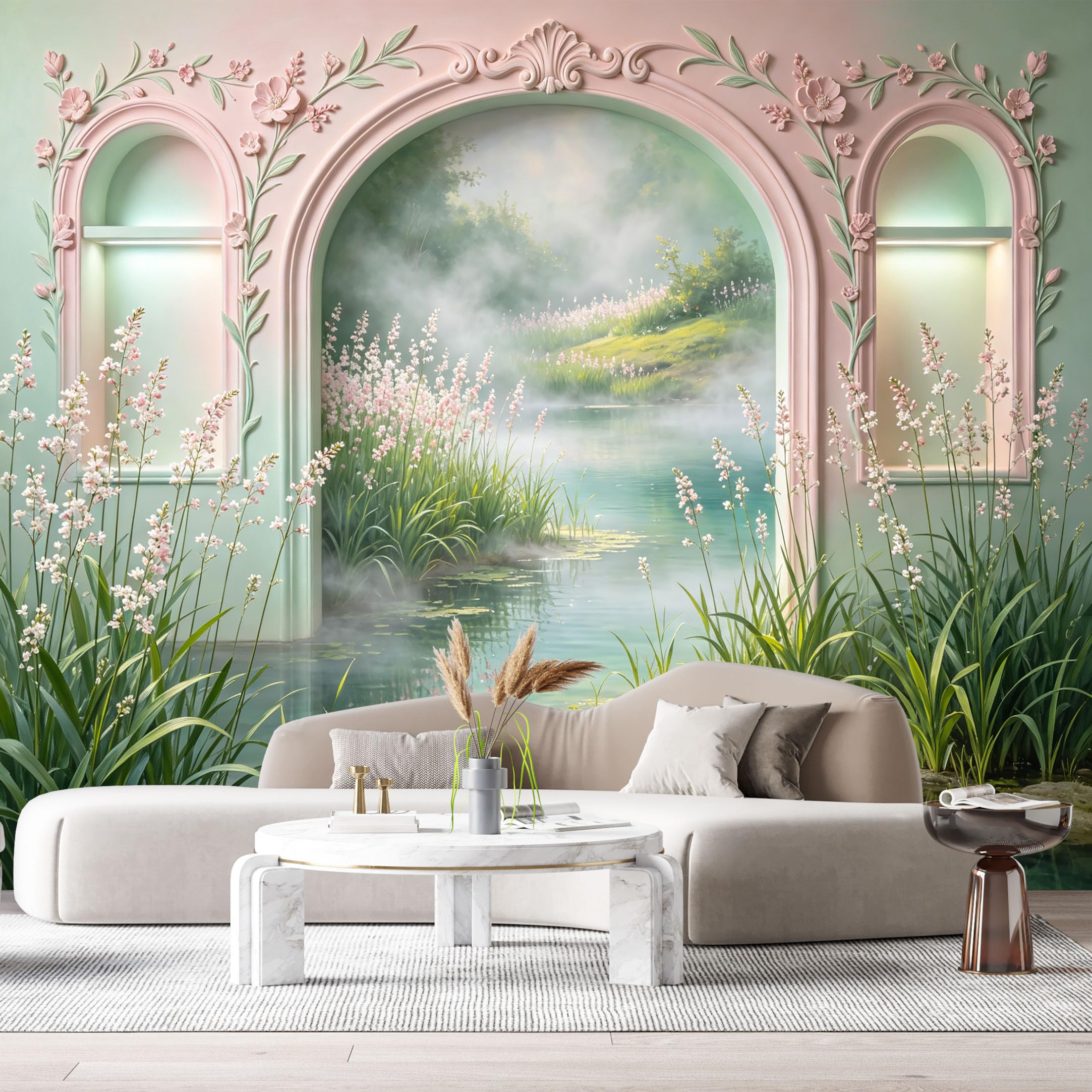 Custom Size Wall Murals Neoclassical Archway Misty Lake Botanical 3D Trompe L'Oeil SelfAdhesiveWall Fabric Removable Wallpaper Wall Decor for Living Room Bedroom Bathroom