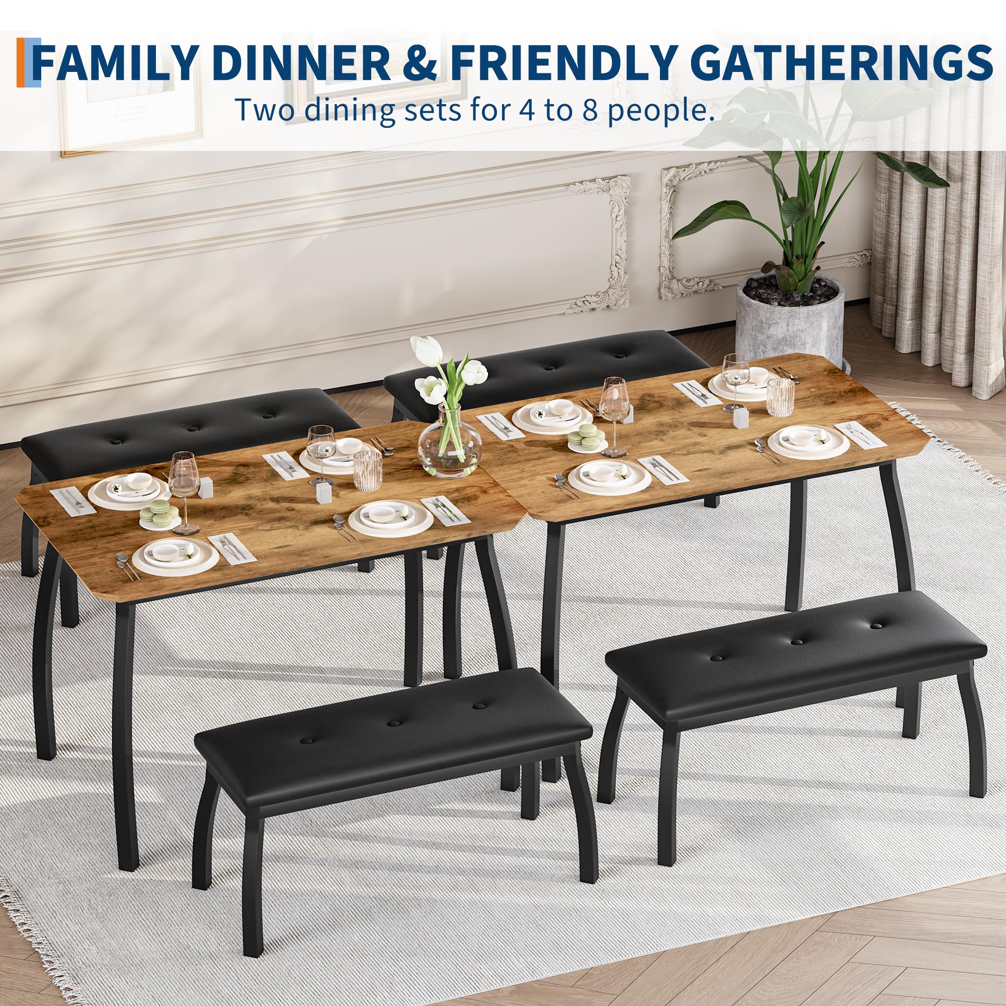 Set di 3 pezzi con tavolo da pranzo salvaspazio per 4 persone, con panca imbottita, moderno, rettangolare, in legno, tavolo e 2 comode panche in pelle PU, per sala da pranzo, cucina, bar, ristorante