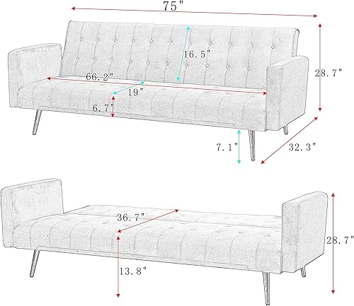 Miniatura 2 de Bonrcea Sofá cama de 75 pulgadas, sofá futón de terciopelo, capacidad de 500 libras para sala de estar pequeña, casa rodante, apartamento pequeño