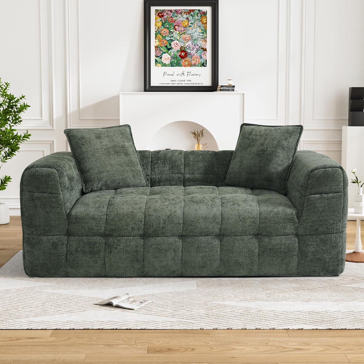 Wrofly Cloud Sofa, 66.5" Comfy Chenille 2 Seater Deep Seat Loveseat, Boneless Couch, Love Seat Couch with 2 Pillows, Modern Compression Bubble Sofa for Living Room, No Assembly Required, Olive Green