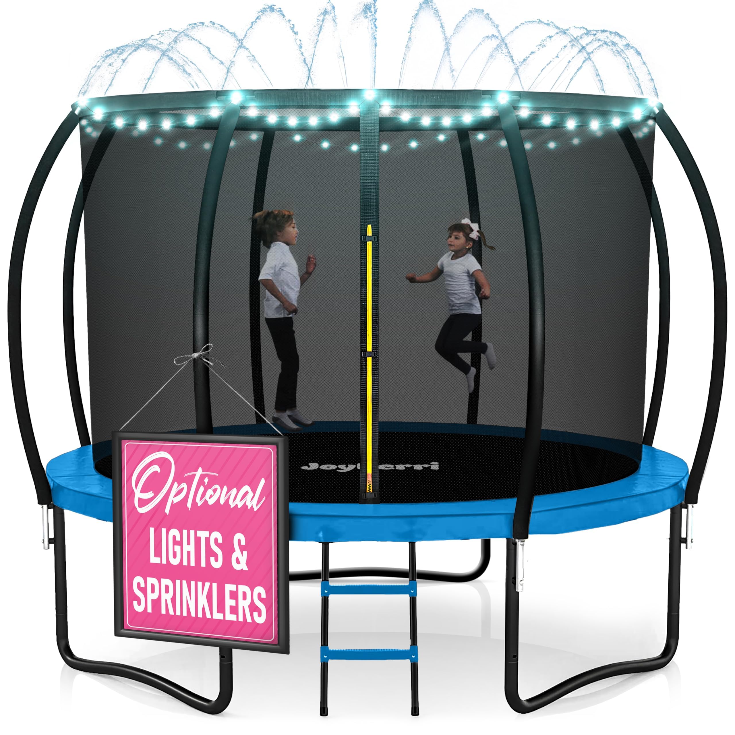 JoyBerri Trampoline Outdoor - ASTM Certified Safe, 8Ft, 10Ft, 12Ft, 14Ft, 15Ft, 16Ft Recreational Trampoline for Kids and Adults. Anti-Rust Coating with Enclosure Net, Ladder, Sprinkler & LED Lights