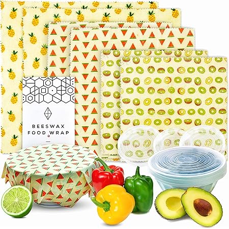 WAFE Beeswax Food Wrap Set of 3 + 3 Reusable Stretchy Silicone Lids, Food Wax Wraps - Eco Friendly Gifts Sandwich Wrappers - Cling Film Alternative Plastic Free Bowl Covers with eBook