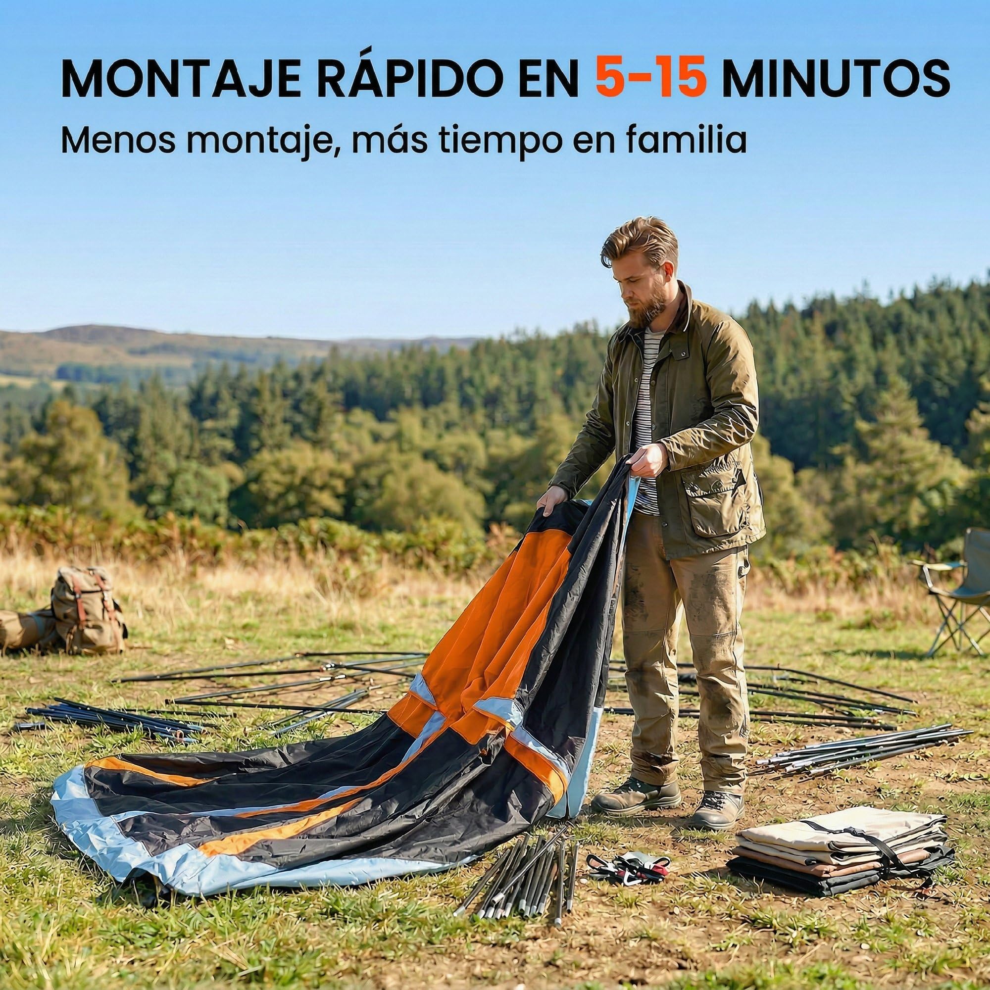 Outsunny Tienda de Campaña Familiar para 4 Personas Tienda Camping Plegable Tipo Túnel con 2 Habitaciones Puertas Ventanas Tragaluces Bolsa y Gancho Impermeable 3000 mm Fácil Montaje para Senderismo