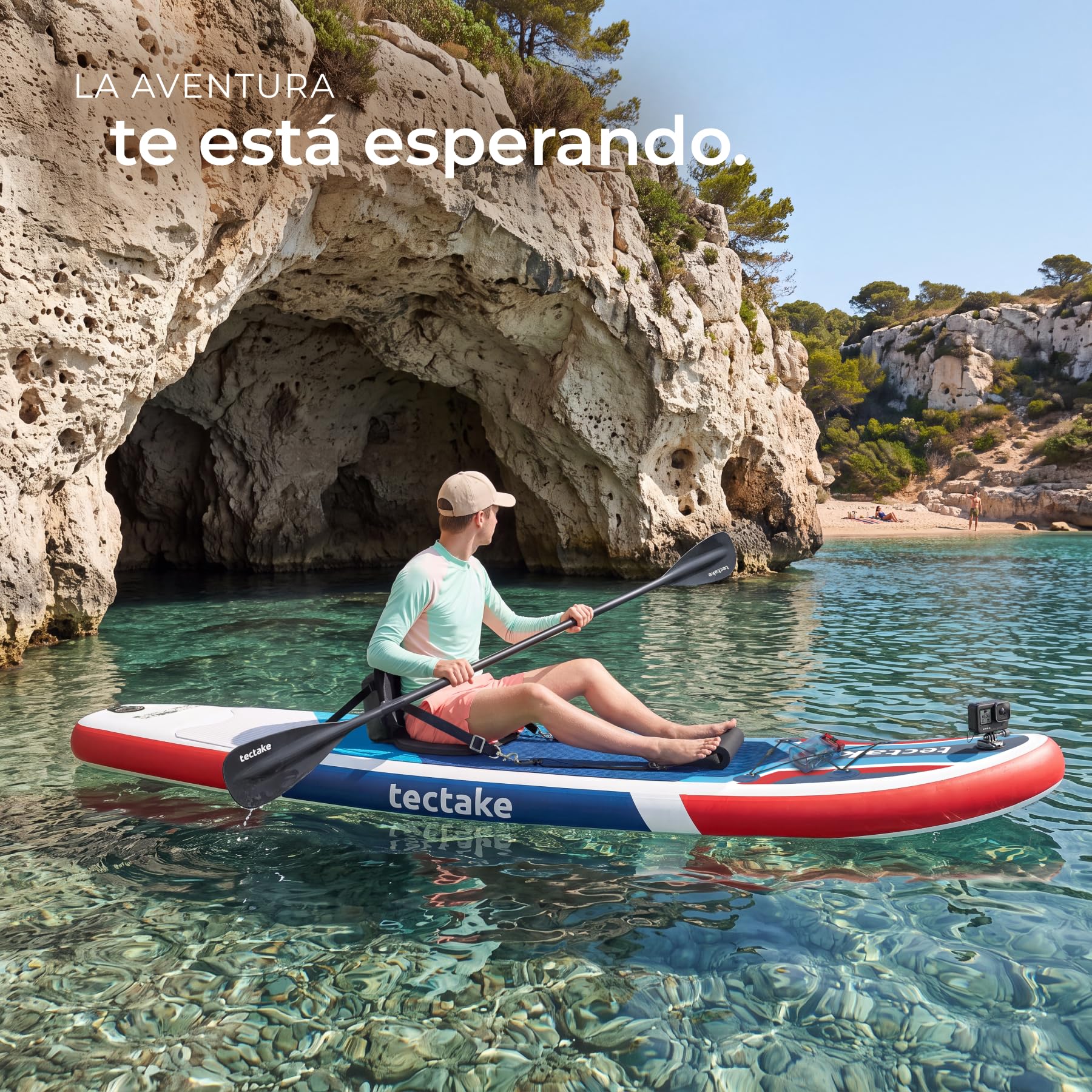 tectake® Tabla Paddle Surf Hinchable, 200 kg, Asiento Kayak, Soporte Cámara | Asiento de Kayak, Capacidad 200 kg, Antideslizante, Drop-Stitch, 288 cm, Resistente, Ligero, Remo Ajustable, SUP, Rojo/Azul