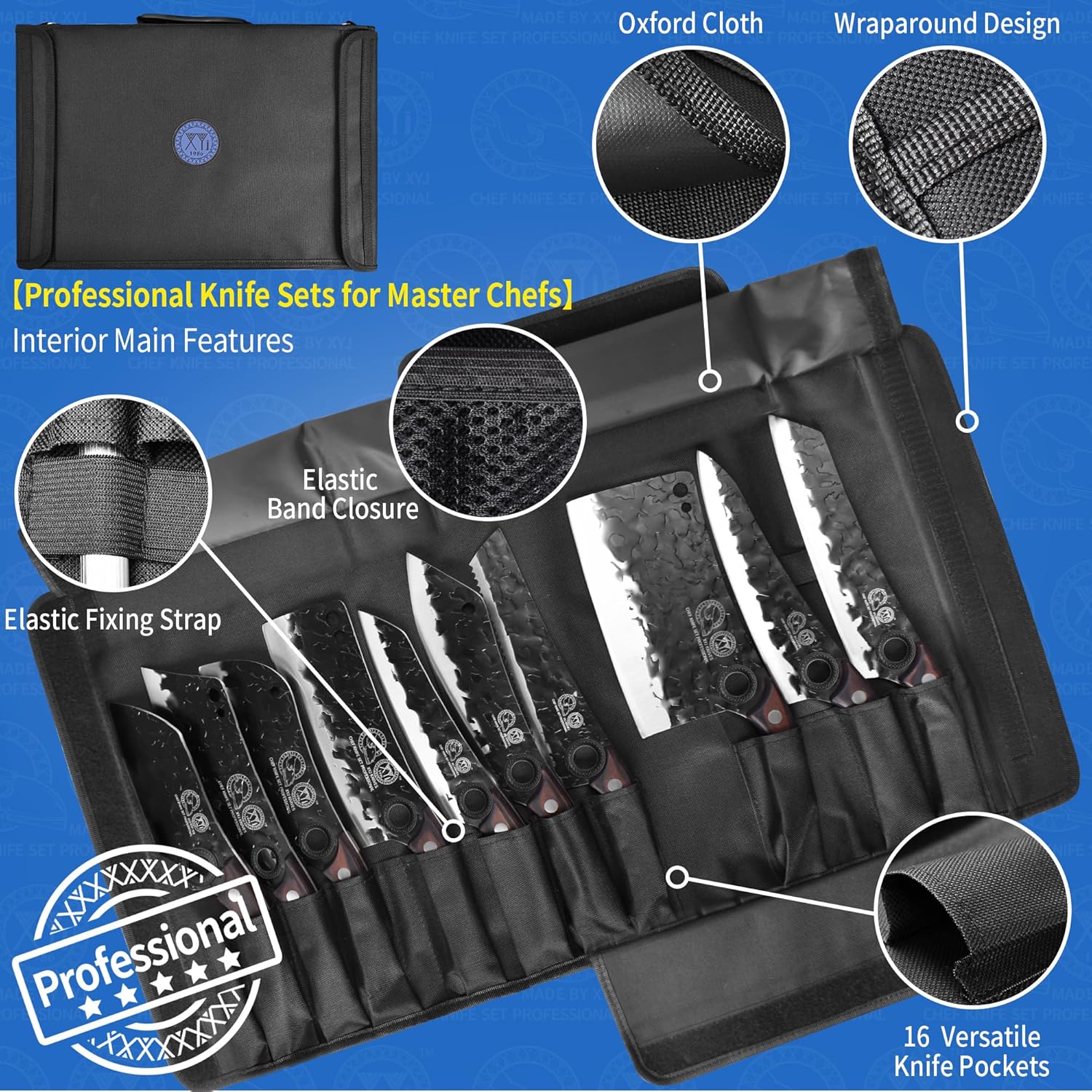XYJ Professional Kitchen Knife Set with High-Carbon Steel Forged Blades, Chef's Knife, Cleaver, Carving Knife, Nakiri, Full Tang Design, Includes Carrying Bag & Poultry Scissors 14