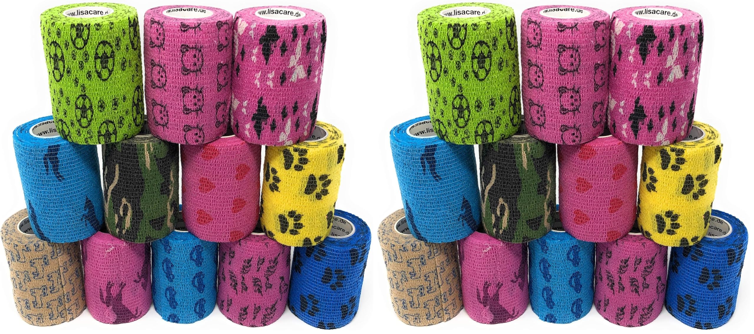 LisaCare Bandage selbsthaftend 7,5cm x 4,5m | 12er-Set Bunter Motiv-Mix | Kohäsiver Wund-Verband | elastisch, dehnbar, ohne Kleber (Motiv-Mix Unisex) (Packung mit 2)