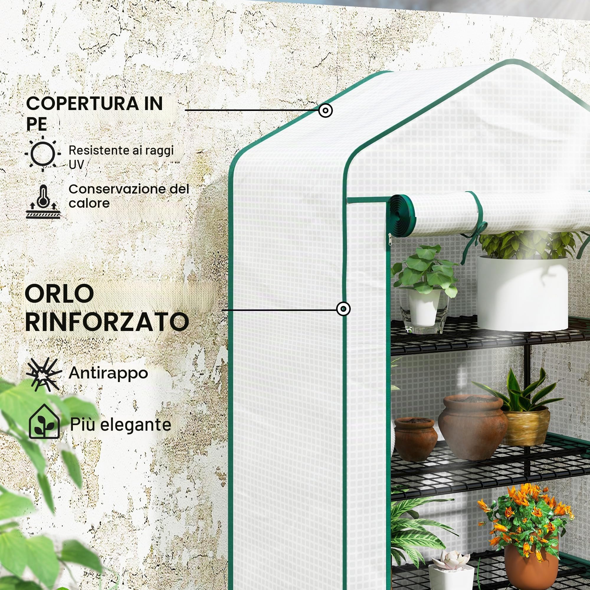 Outsunny Mini serra allargata 4 ripiani, copertura PE rinforzata Bianco | Serra portatile, porta a cerniera, ripiani in metallo, interno/esterno, 90x49x160cm