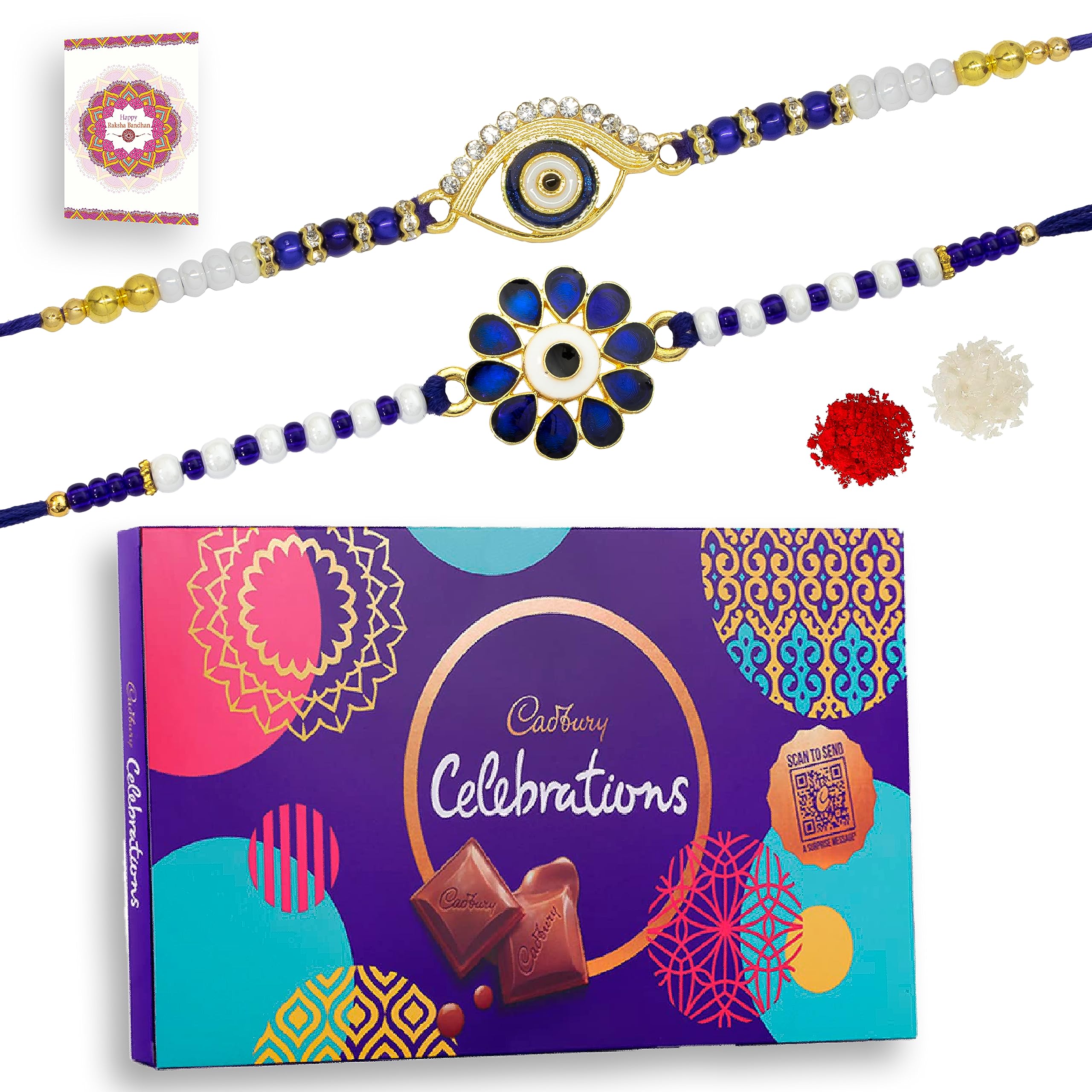 JAIPUR ACE Rakhi Hamper With Chocolate Celebration Box Combo Pack, Rakshabandhan Rakhi Gift Hamper For Brother/Bro With Roli Kumkum & Greeting Card (2 Evil Eye Rakhi + Celebratio), 250 Gm (B0CFL63FMQ) Amazon Price History, Amazon Price Tracker
