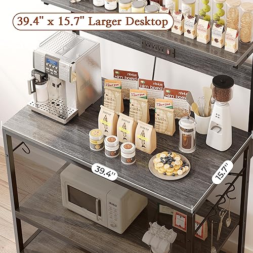 Miniatura 114 de SUPERJARE - Estante de cocina con toma de corriente de 4 niveles, soporte de microondas de cocina con 6 ganchos en forma de S, estante de Marrón