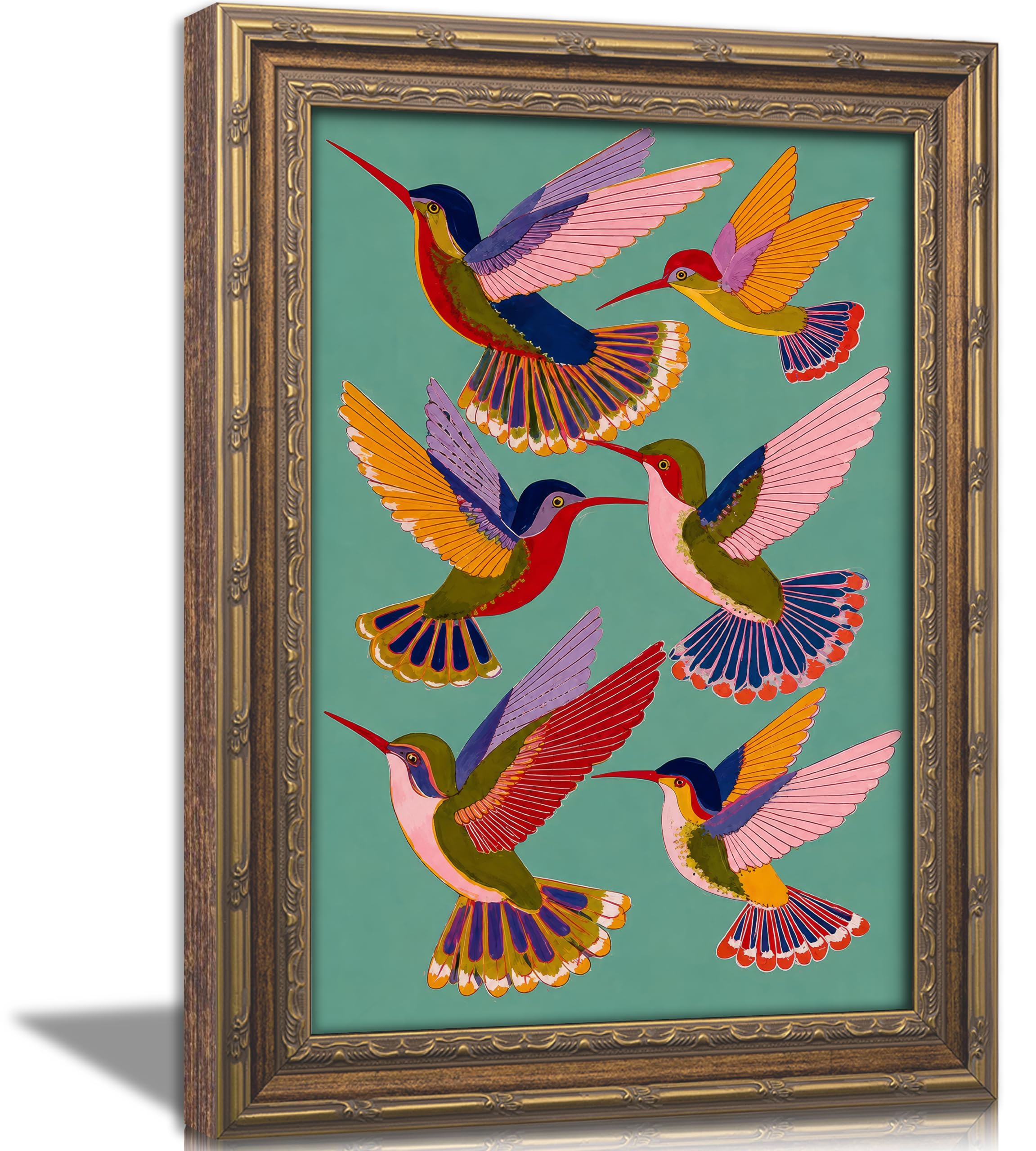 Vintage Gold Framed Hummingbirds Wall Art, Colorful Bird Canvas Wall Decor | Retro Animal Artwork Poster , Funny Playful Things Bird Print Painting, Maximalist 