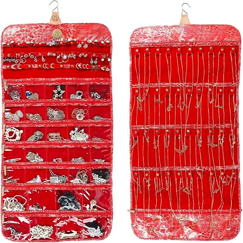 Angelina's Palace Tenby Jewelry - Organizador de doble cara para colgar joyas, rollo de almacenamiento de joyas, 24 barras de anillos de aretes, 28