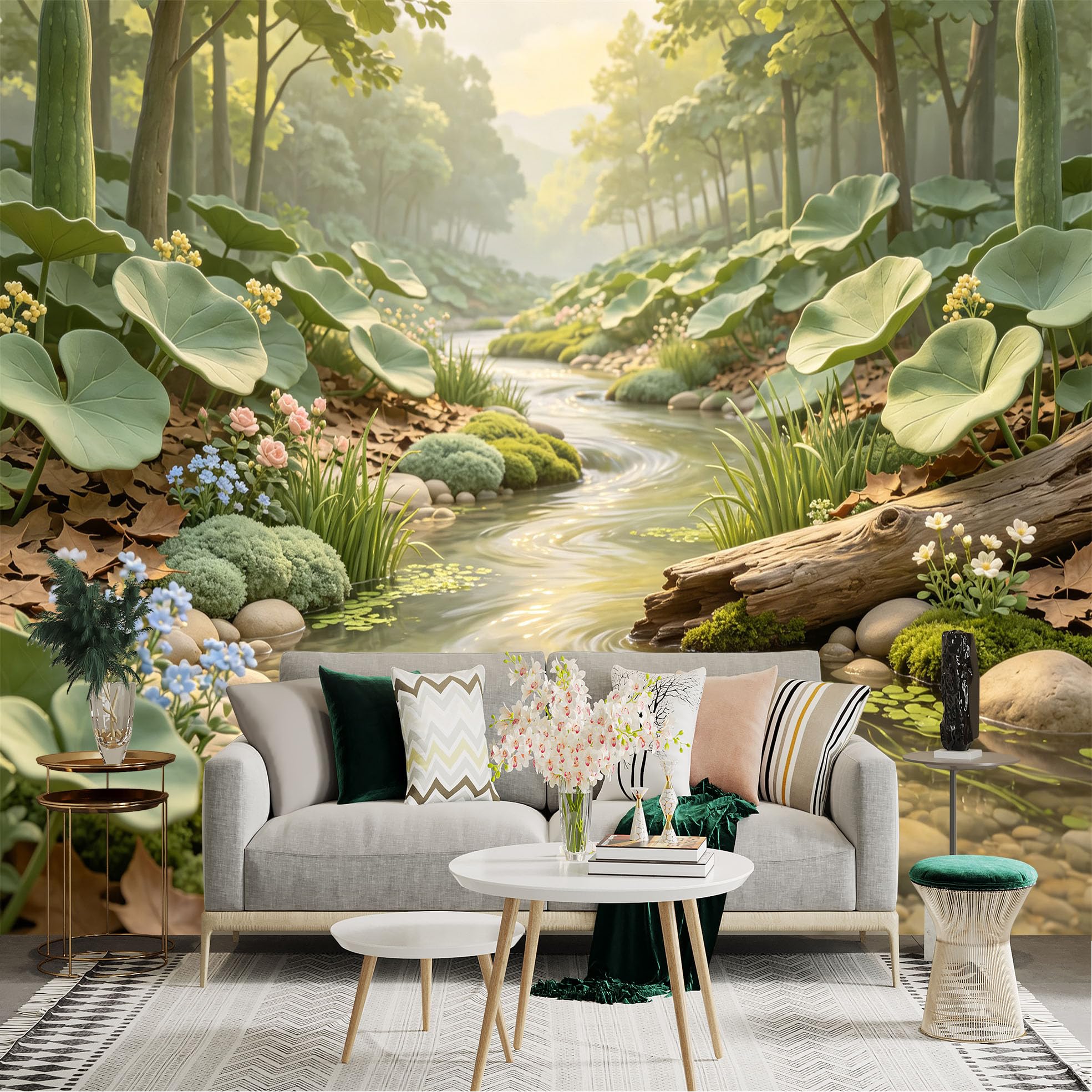 Lnzczhyre Bh260719029 Custom Size Wall Sticker Mural， Serene Forest Creek， Lush Botanical Landscape， Natural Riverbank Scenery， Peaceful Woodland Stream， For Wall Decoration， Peelandstick Wall Decals.
