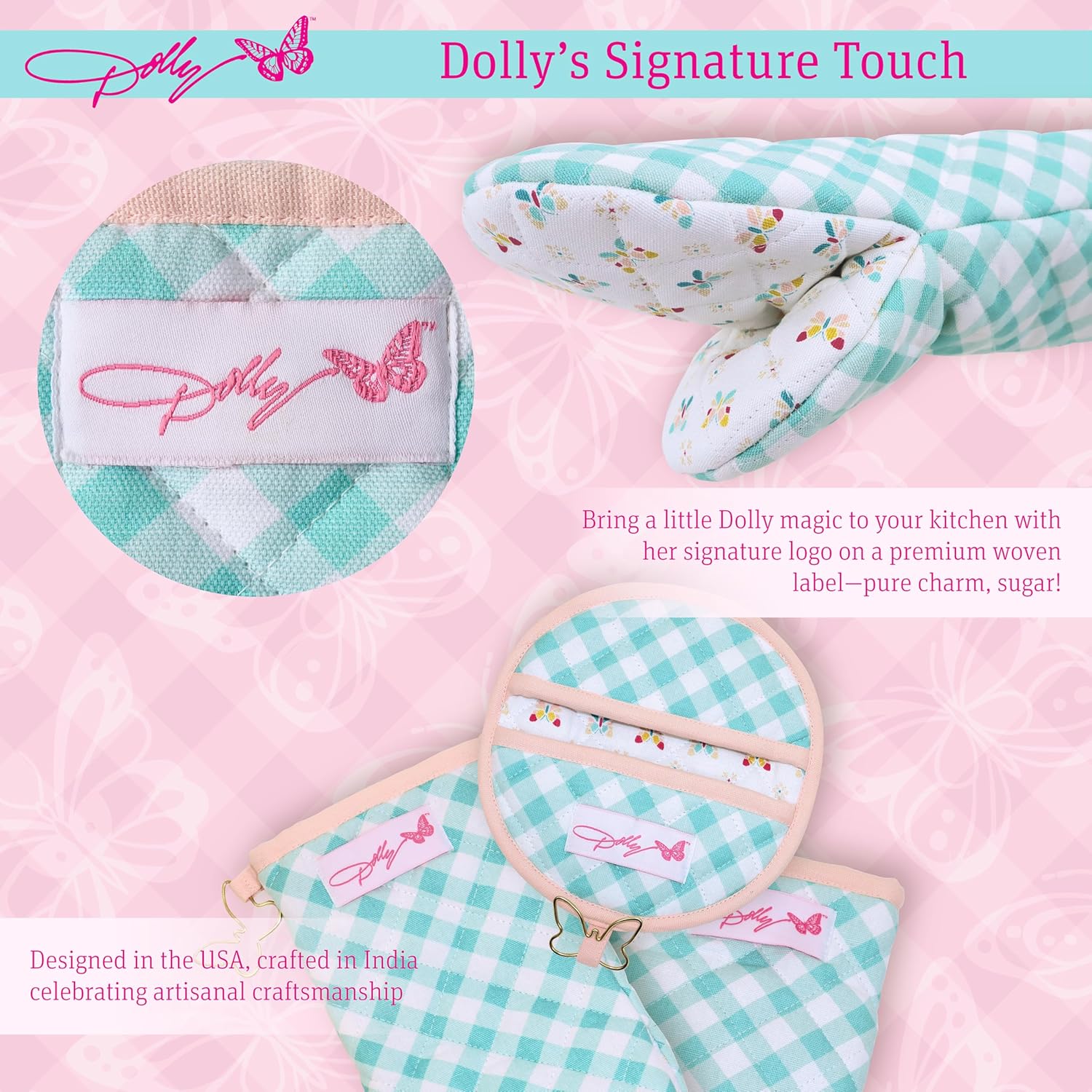 Dolly Parton Kitchenware Quilted Baking 3-pack Oven Mitten Set - 100% Cotton Soft Durable Mini Mitt, Puppet Mitt and Pot Holder with Metal Grommet Butterfly Dolly Signed for Kitchen Décor - Teal Plaid