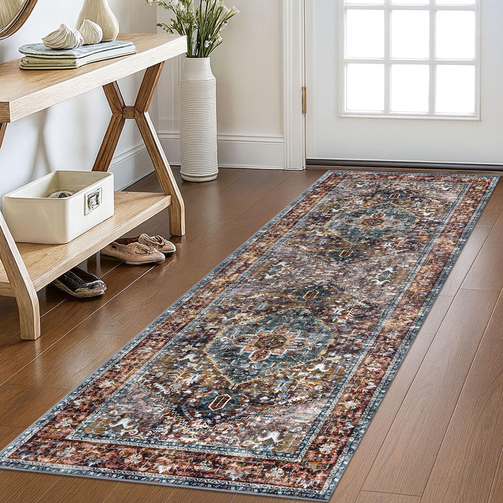 KOZYFLY Runners for Hallways 2x6 Ft Washable Kitchen Runner Rug Boho Runner Rug for Entryway Indoor Printed Oriental Faux Wool Floor Carpet Runner for Bedroom Kitchen Hall, Brick Red/Green โ image 1