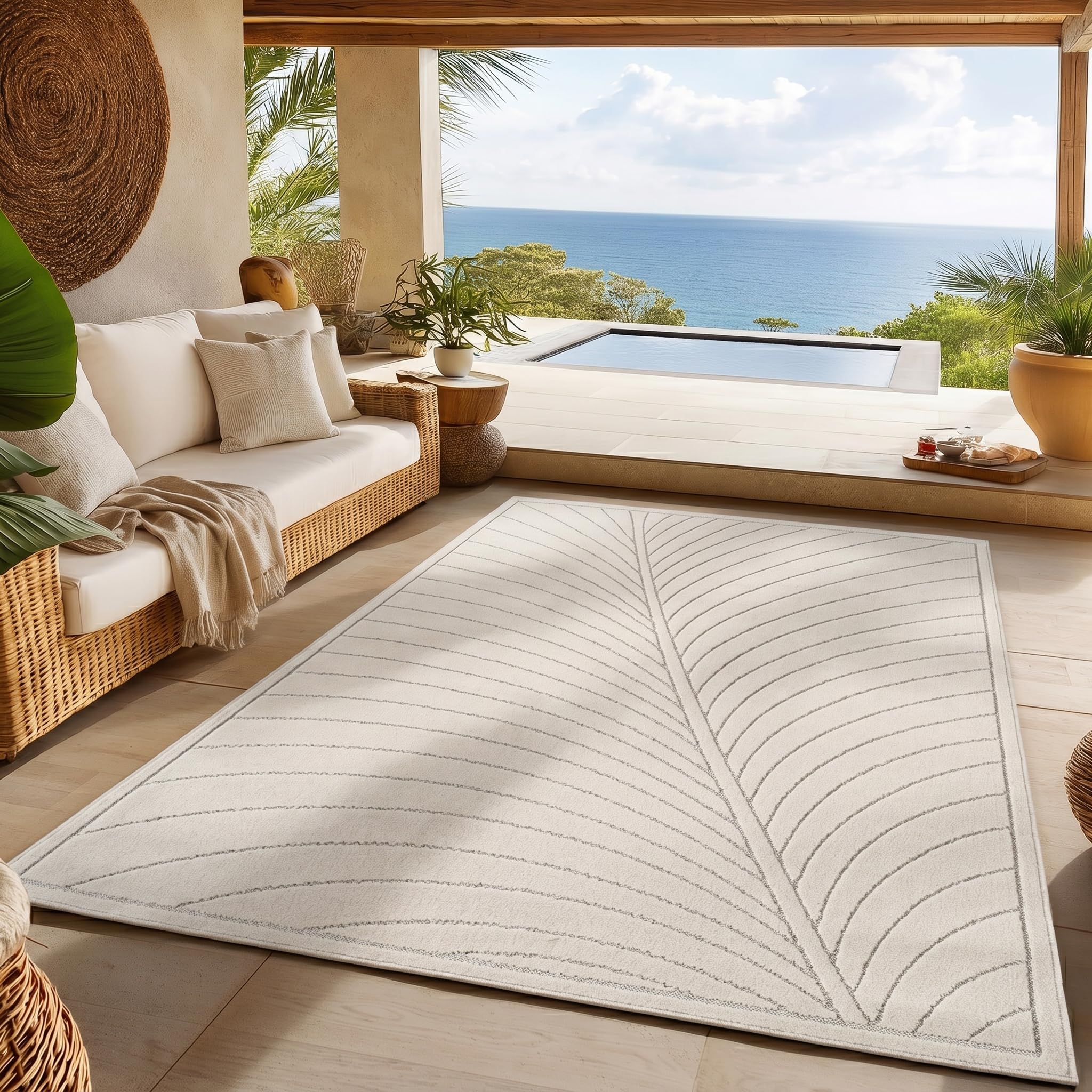 SIMPEX Kurzflor Teppich Wohnzimmer, Schlafzimmer, Küche, 3D Hoch-Tief-Effekt, Skandinavisch Boho Motiv, für Outdoor Bereich geeignet Terrassen oder im Balkon