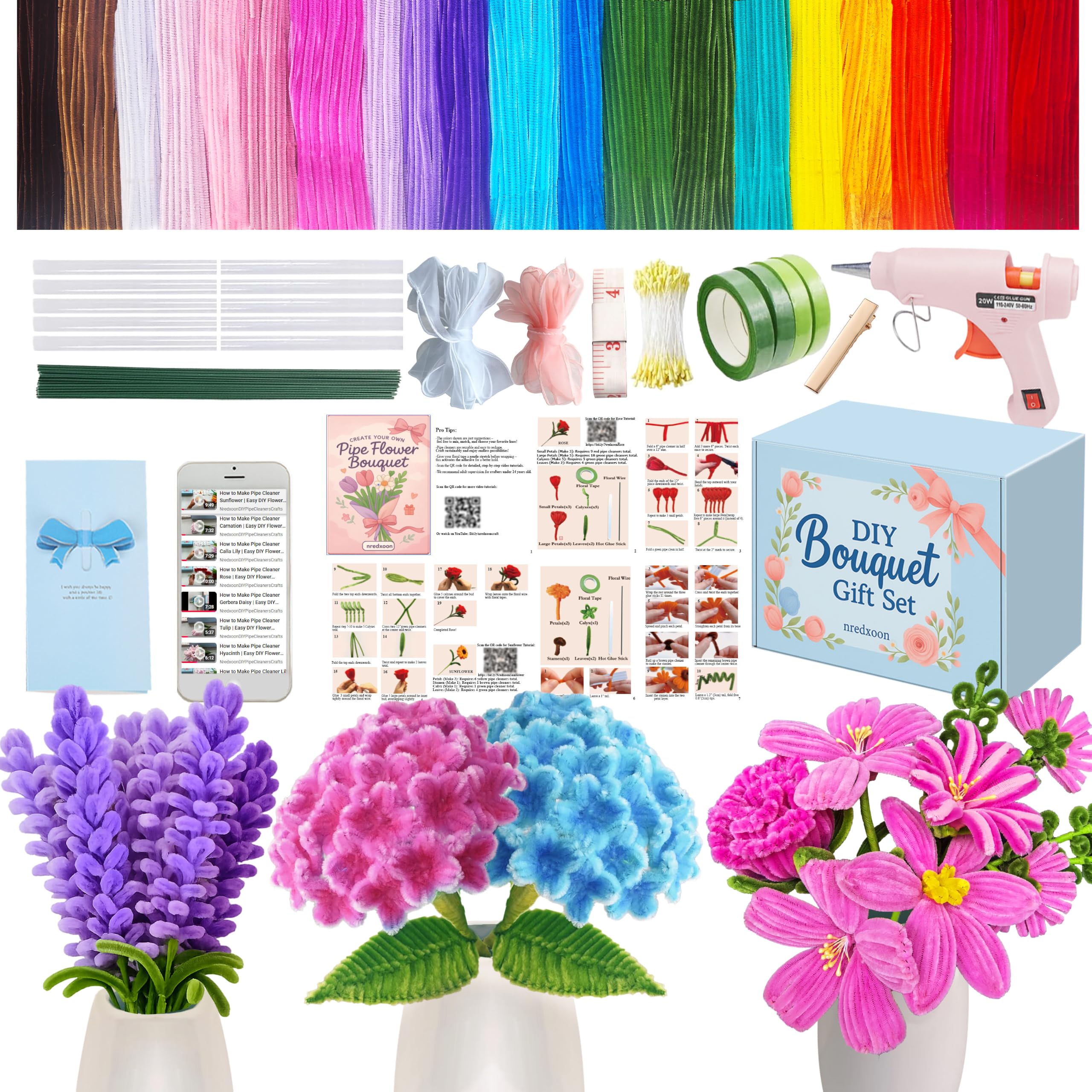 NREDXOON Pfeifenreiniger-Blumen-Set mit Heißklebepistole und Video-Tutorials, DIY-Blumenstrauß-Bastelset, einfaches Bastelzubehör für Erwachsene, Senioren, Pflegeheime, Anfänger und