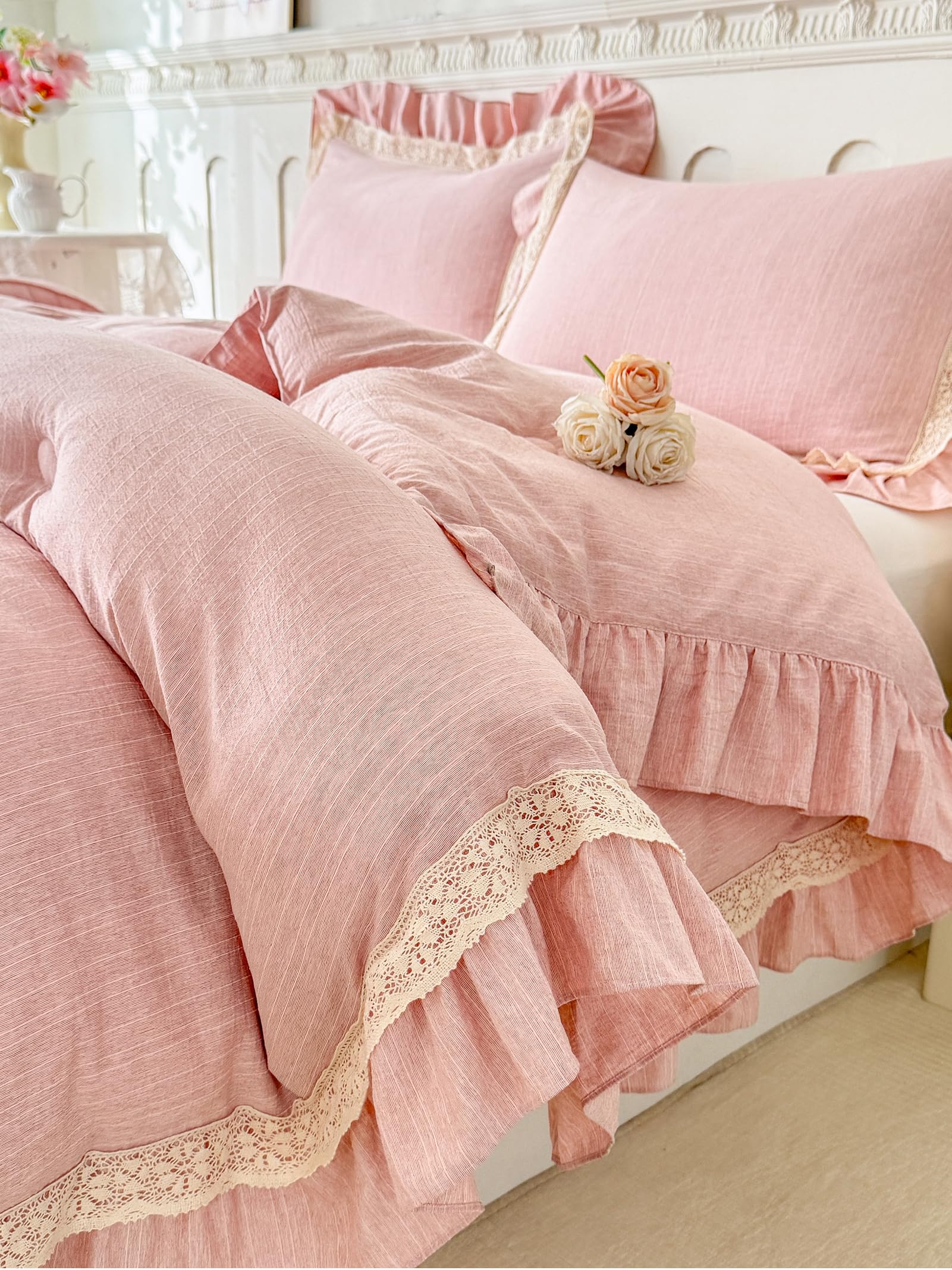 Photo 1 of hadamick Ruffle Comforter Set King Size 3 Piece - Blush Pink Boho Farmhouse Bedding with Lace Trim & Pintuck Details (104"x90")